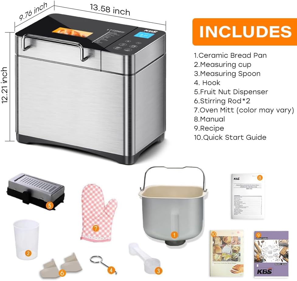 KBS Pro 710W Bread Maker, 2LB 17-in-1 Automatic Bread Machine with Healthy Ceramic Pan, Nut Dispenser, Tempered Glass Touch Panel, Stainless Steel Housing,3 Crust Colors, 15H Timer&Keep-Warm, Recipe