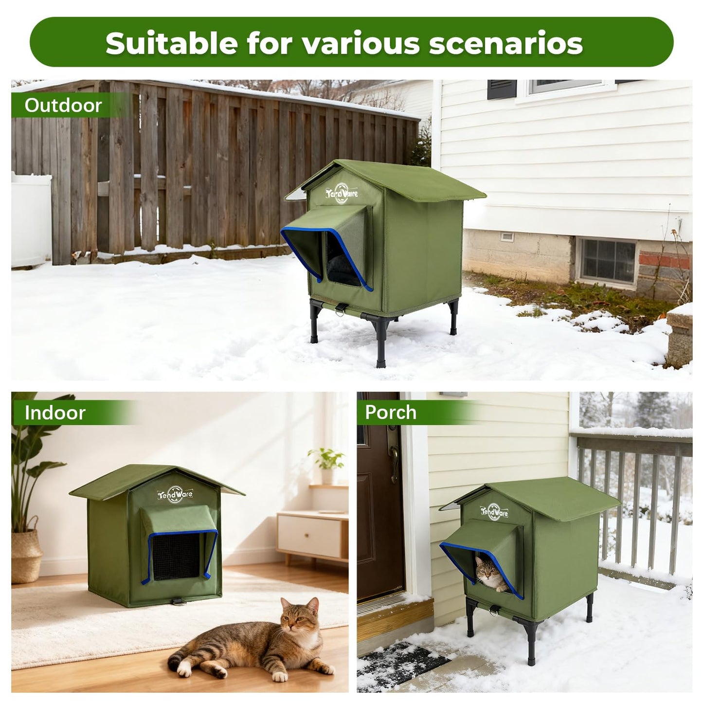 Outdoor Cat House Heated Cat House for Outside with Elevated Base Cat-Attracting Eave Design Feral Stray Shelter Weatherproof in Winter Garage Yard Porch