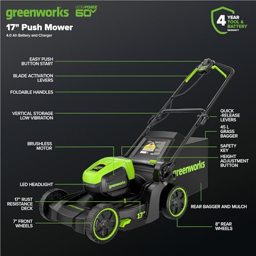 Greenworks 60V 17" Brushless Cordless Push Lawn Mower, 2-in-1 Mulching/Bagging