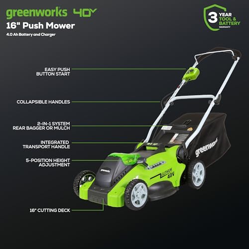 Greenworks 40V 16" Cordless Lawn Mower with 4.0Ah Battery & Charger