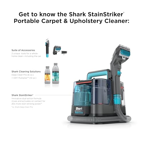 Shark StainStriker Portable Carpet, Upholstery & Area Rug Cleaner with Pet Mess Tool, Stain & Odor Remover, Perfect for Car Interiors, Includes 3 Cleaning Tools & Cleaning Solution, White, PX201