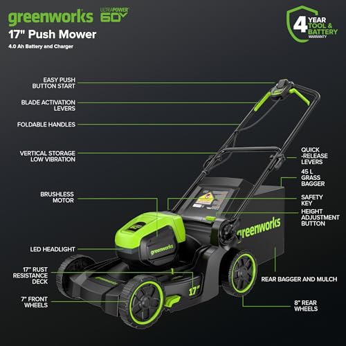 Greenworks 60V 17" Brushless Cordless Push Lawn Mower, 2-in-1 Mulching/Bagging