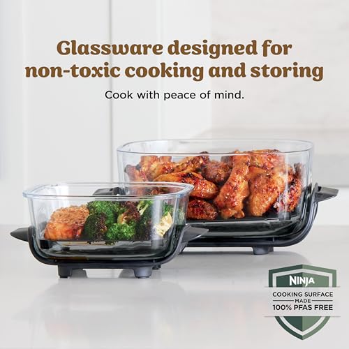 Ninja Crispi Air Fryer, Microwave, Freezer & Dishwasher Safe, Non Toxic Glass Portable Cooking System, 4 QT & 6 Cup Glass Containers with Storage Lids, Easy Meals, Air Fry, Bake, Stone, FN101ST