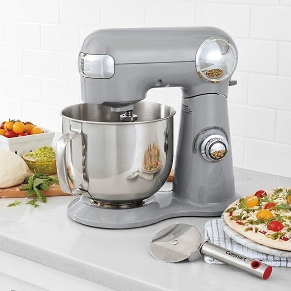 Cuisinart Stand Mixer, 12 Speeds, 5.5-Quart Mixing Bowl, Chef's Whisk, Flat Mixing Paddle, Dough Hook, and Splash Guard with Pour Spout, Silver Lining, SM-50BC, Silver Lining