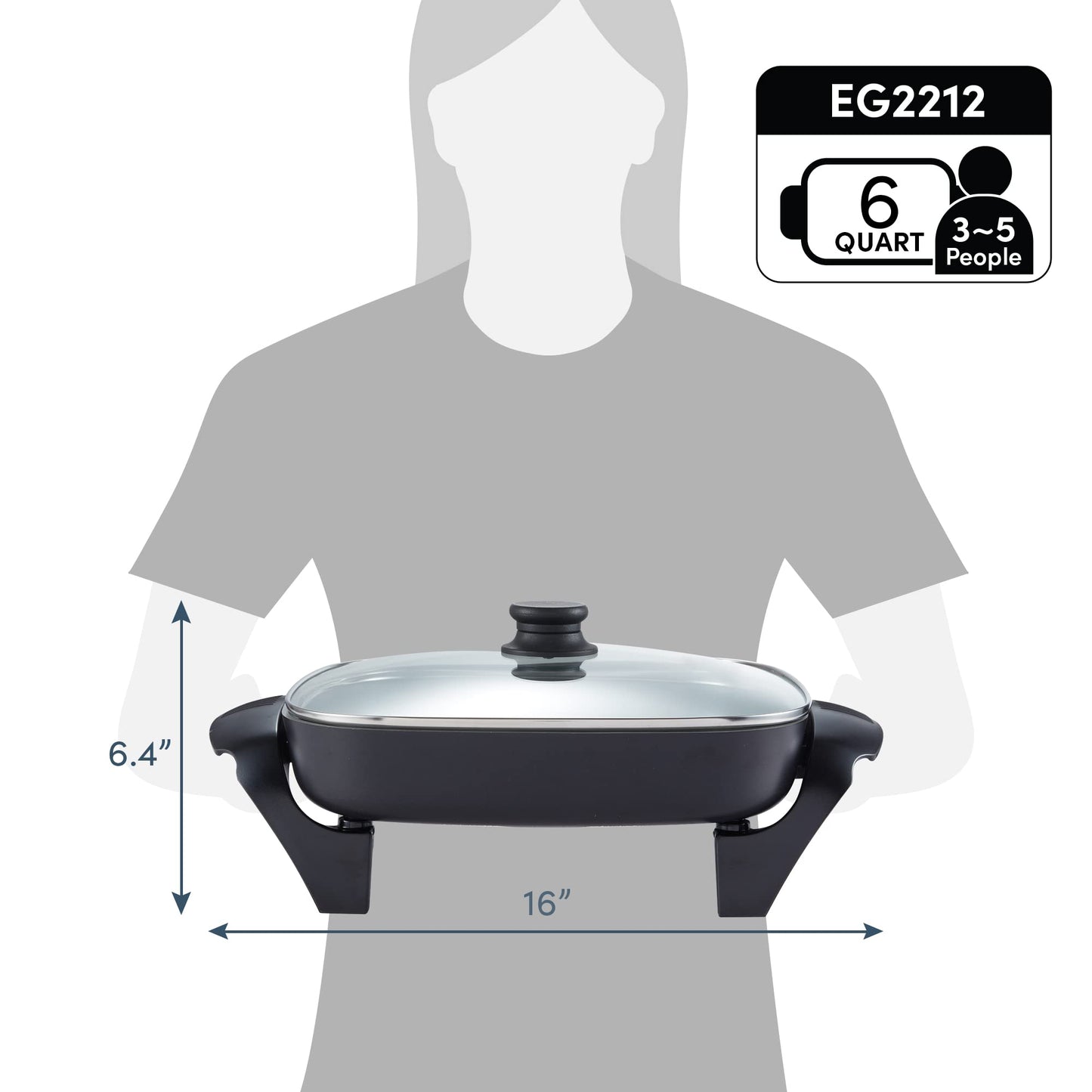 Elite Gourmet EG-6203# Extra Deep 16"x13"x3.2" (10.5Qt.) Scratch Resistant, Easy Pour Spout Dishwasher Safe, Non-stick Electric Skillet with Glass Vented Lid, Adjustable Temperature, Black