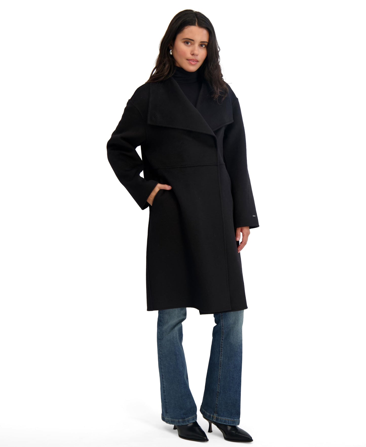 TAHARI womens Double-faced Long Soft Wool Coat With Wing Collar & Hidden Snap Closure, Unlined