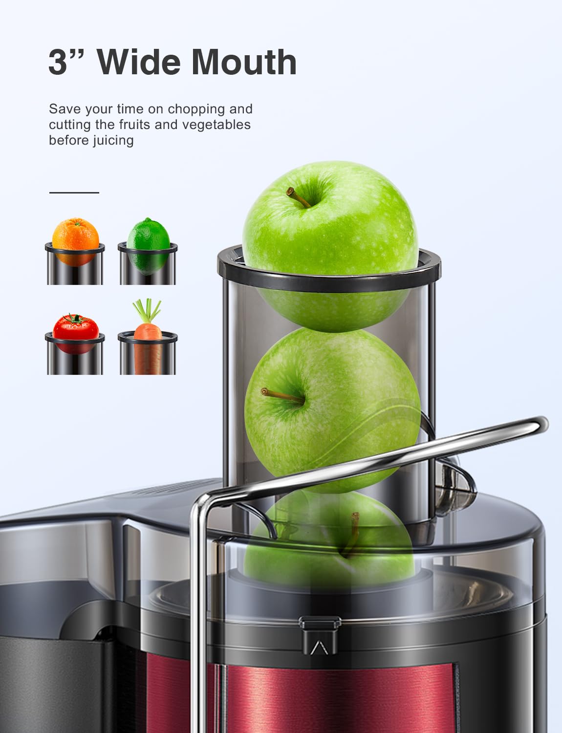 QCen Juicer Machine, 500W Centrifugal Juicer Extractor with Wide Mouth 3” Feed Chute for Fruit Vegetable, Easy to Clean, Stainless Steel, BPA-free (Black)