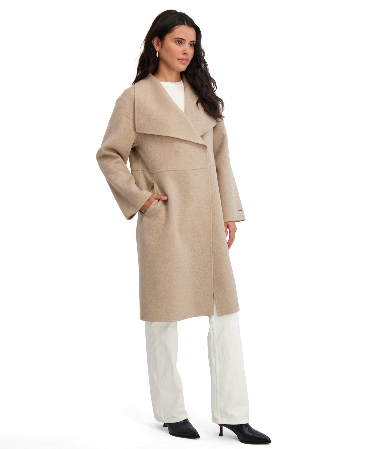 TAHARI womens Double-faced Long Soft Wool Coat With Wing Collar & Hidden Snap Closure, Unlined