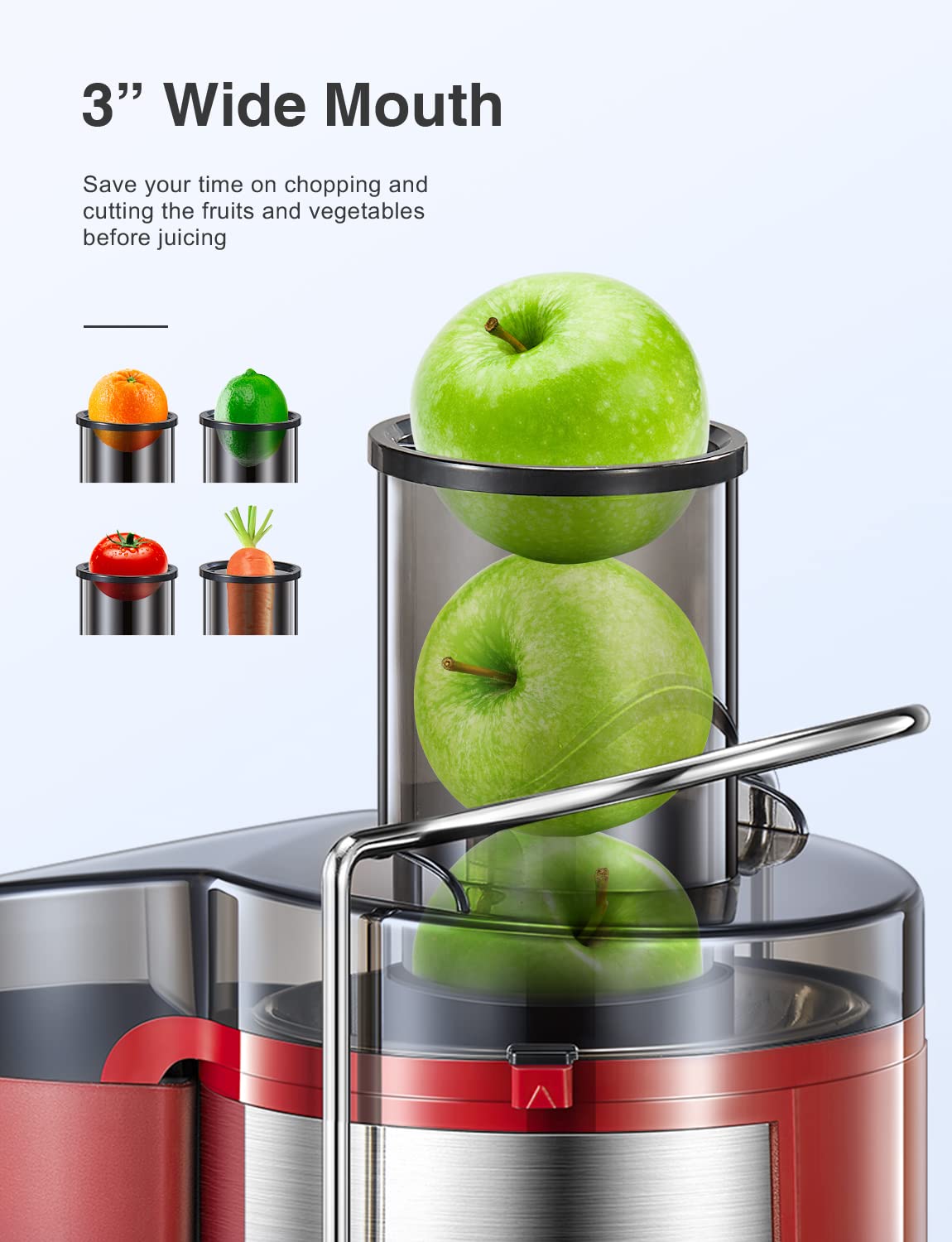 QCen Juicer Machine, 500W Centrifugal Juicer Extractor with Wide Mouth 3” Feed Chute for Fruit Vegetable, Easy to Clean, Stainless Steel, BPA-free (Black)