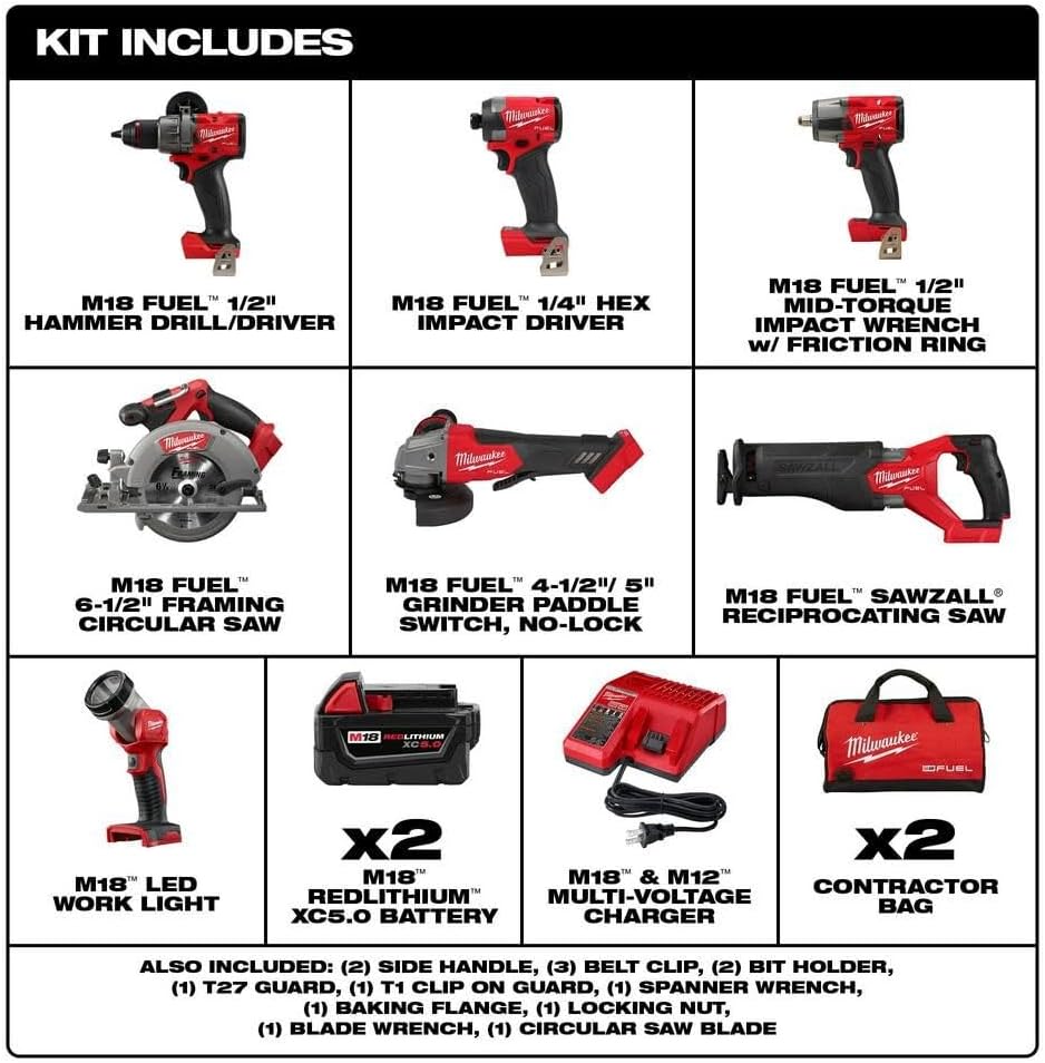 Milwaukee M18 FUEL 18V Lithium-Ion Brushless Cordless Combo Kit with Two 5.0 Ah Batteries, 1 Charger, 2 Tool Bags (7-Tool)