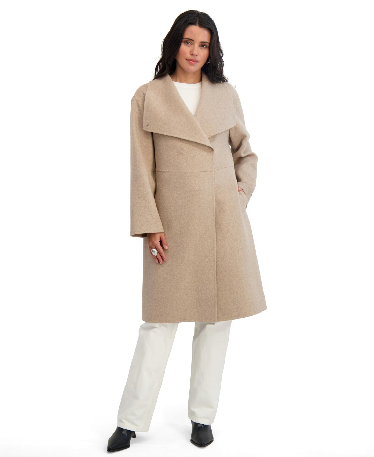TAHARI womens Double-faced Long Soft Wool Coat With Wing Collar & Hidden Snap Closure, Unlined