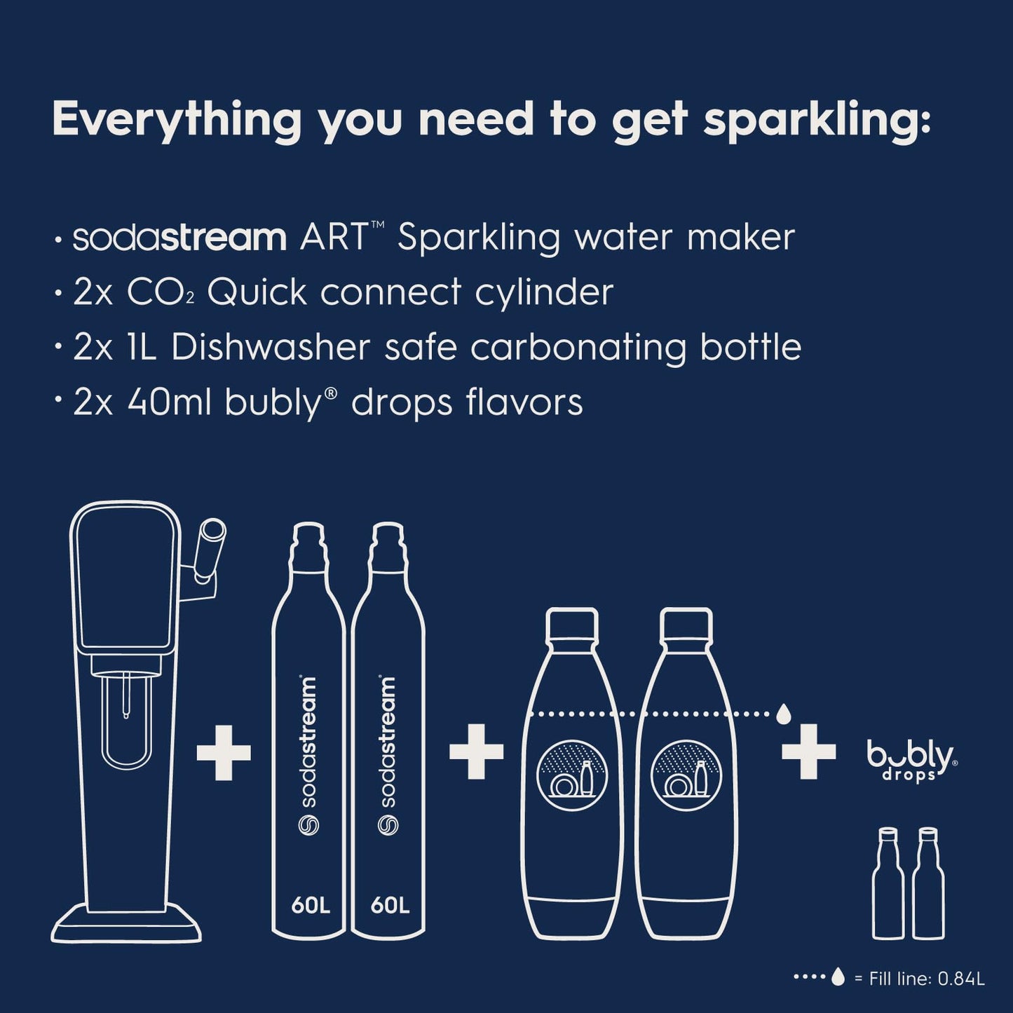 SodaStream - ART Sparkling Water Maker | VALUE BUNDLE | CQC CO2 system | Includes 2x CO2 Cylinders, 2x 32 Fl Oz Dishwasher Safe Bottles, 2x Bubly Flavor Drops | Combine with Pepsi Flavors | Black
