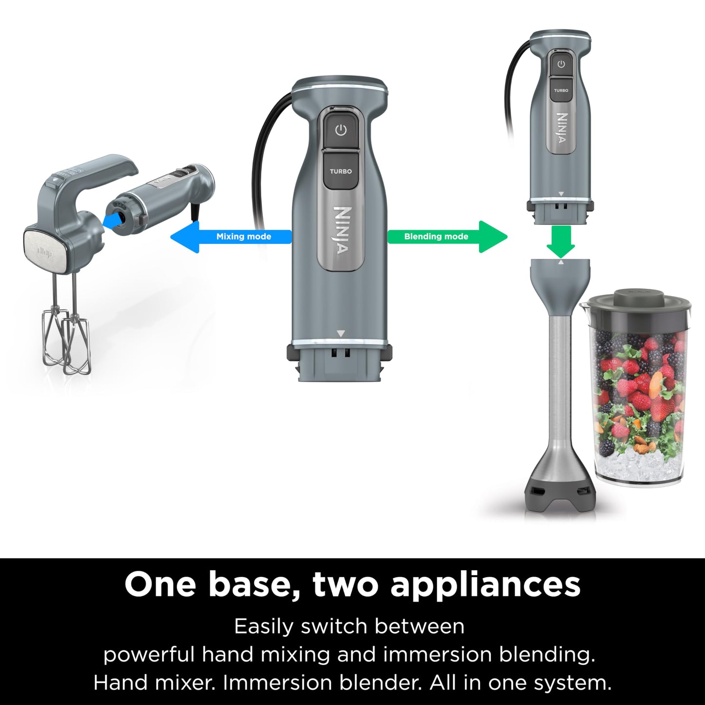 Ninja Hand Mixer, Immersion Blender, Foodi Power Mixer System, 750-Peak-Watt Handheld Emulsion Blender & Electric Hand Mixer Combo With Whisk, Beaters & 3-Cup Blending Vessel,120 volts, Black CI101