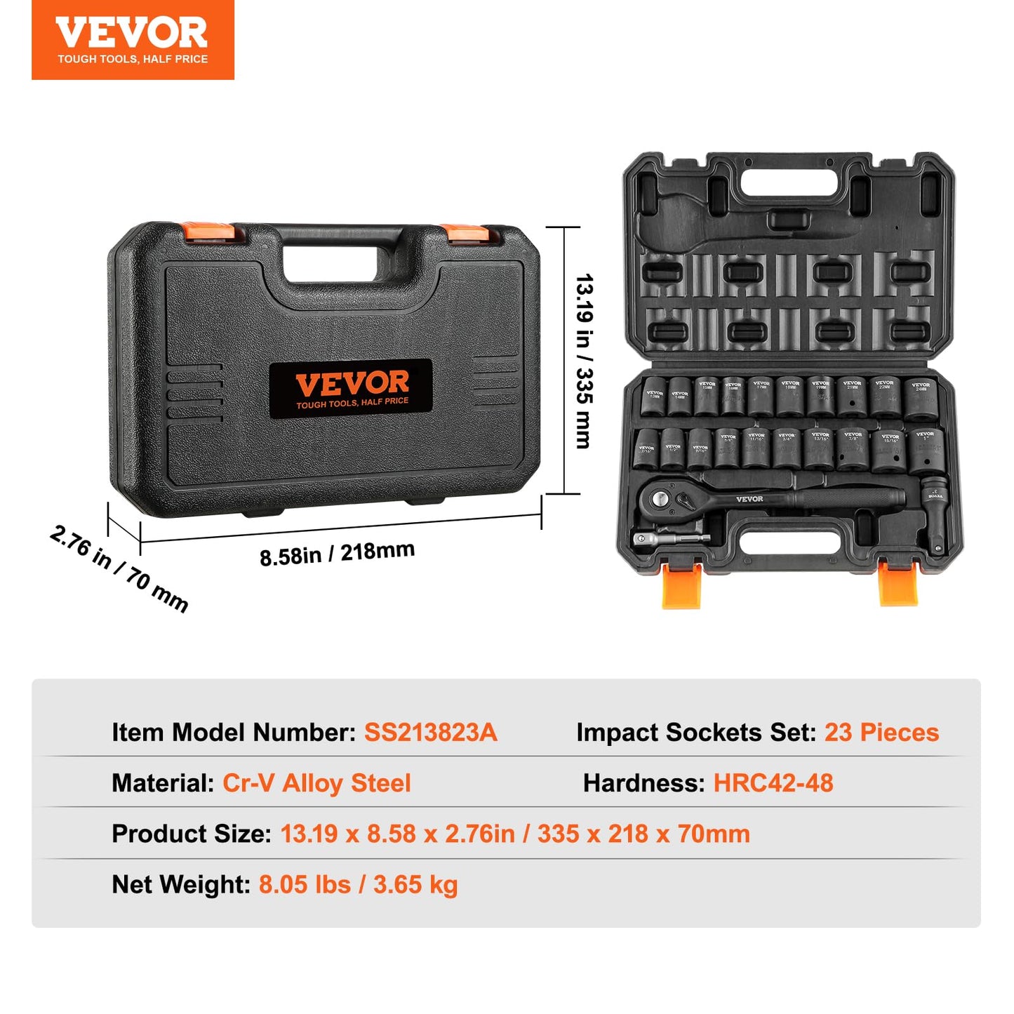 VEVOR 1/2" Drive Impact Socket Set, 65 Piece SAE 3/8" to 1-1/4" and Metric 10-24mm