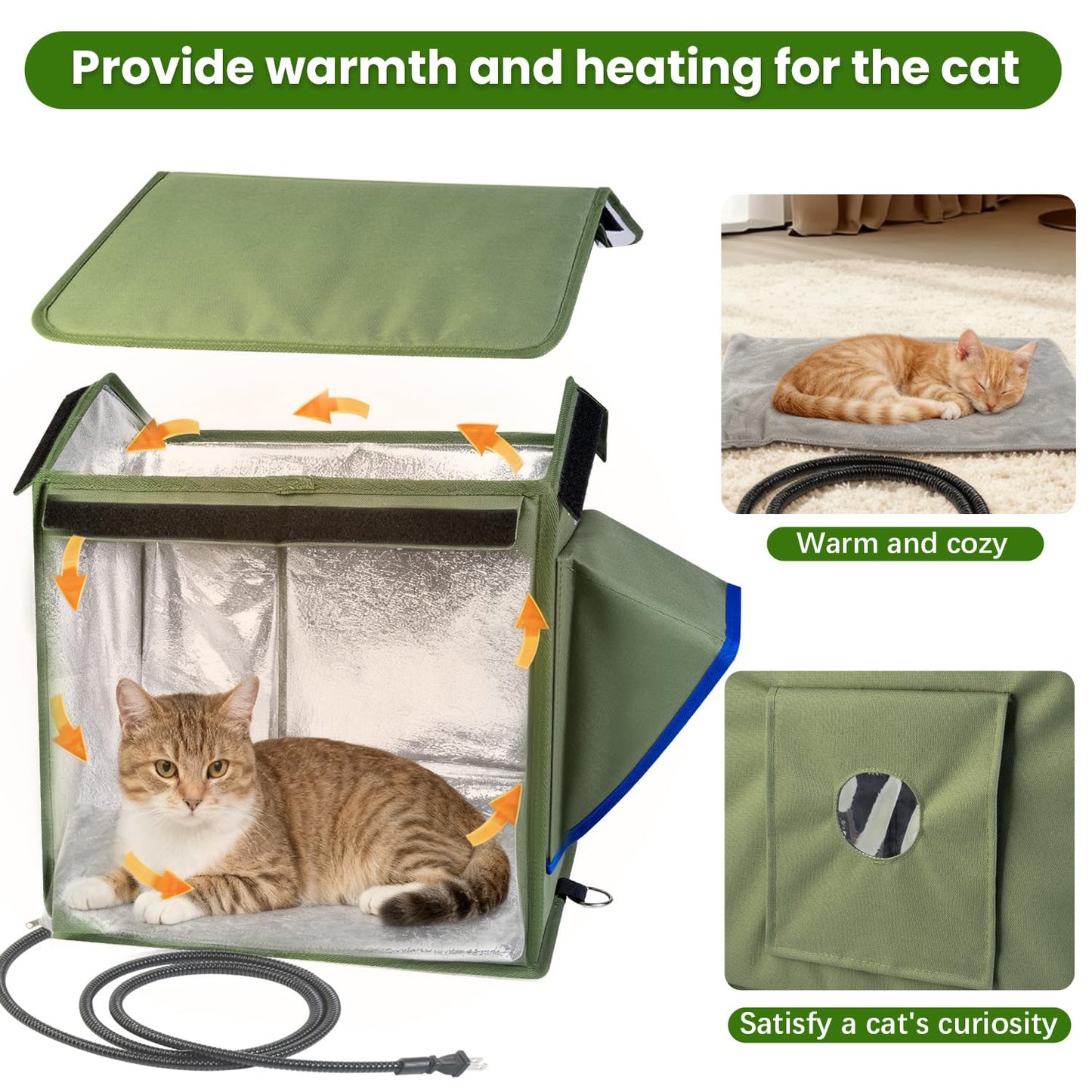 Outdoor Cat House Heated Cat House for Outside with Elevated Base Cat-Attracting Eave Design Feral Stray Shelter Weatherproof in Winter Garage Yard Porch