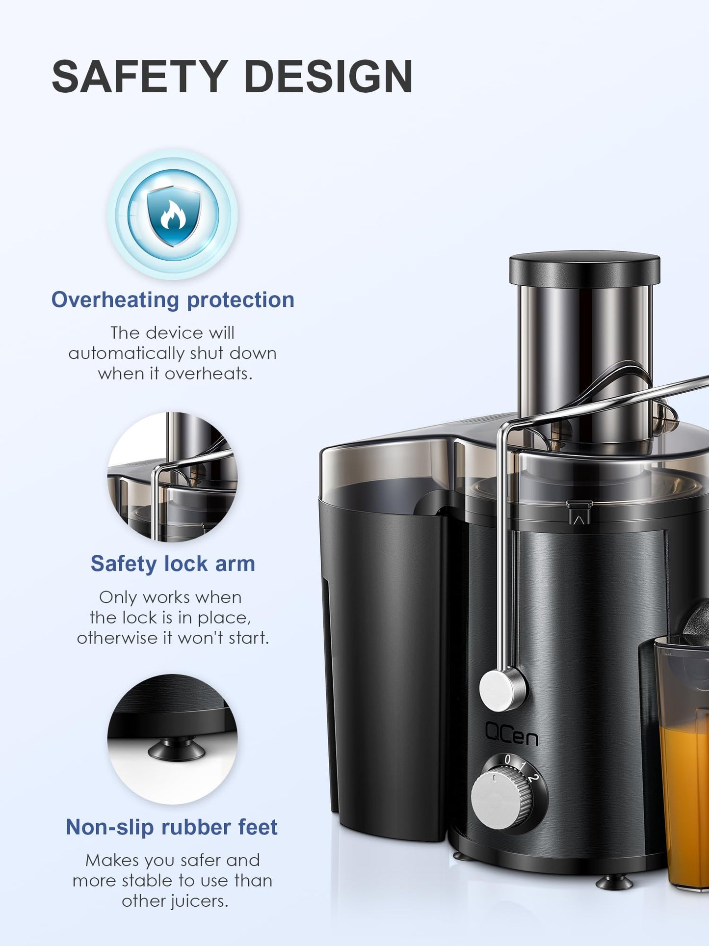 QCen Juicer Machine, 500W Centrifugal Juicer Extractor with Wide Mouth 3” Feed Chute for Fruit Vegetable, Easy to Clean, Stainless Steel, BPA-free (Black)