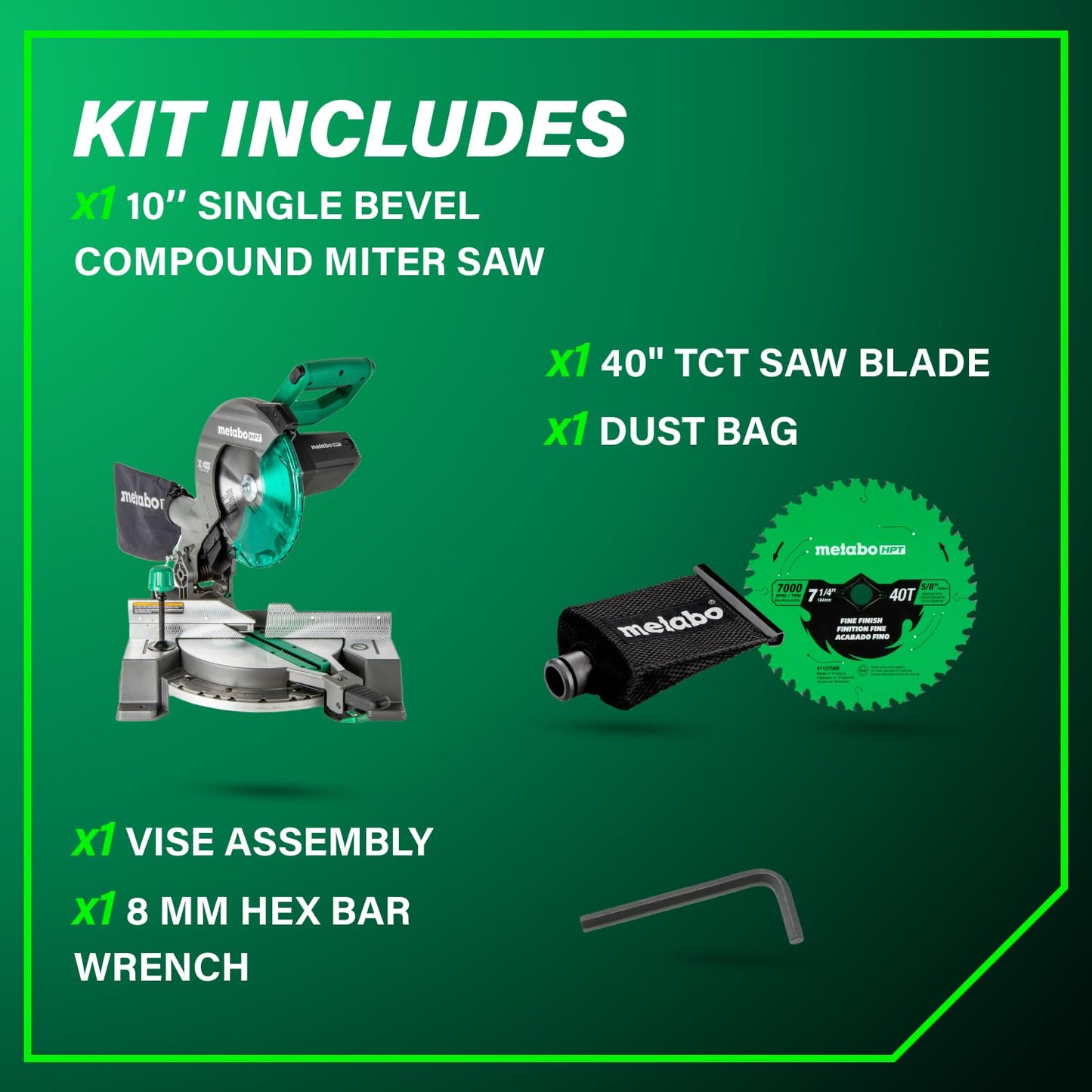 Metabo HPT 10-Inch Single Bevel Compound Miter Saw, 15-Amp Power Saw with Xact Cut Shadow Line, Precision Miter Angles, Single Bevel 0-45°, 40T TCT Miter Saw Blade, Lightweight Design, C10FCG2