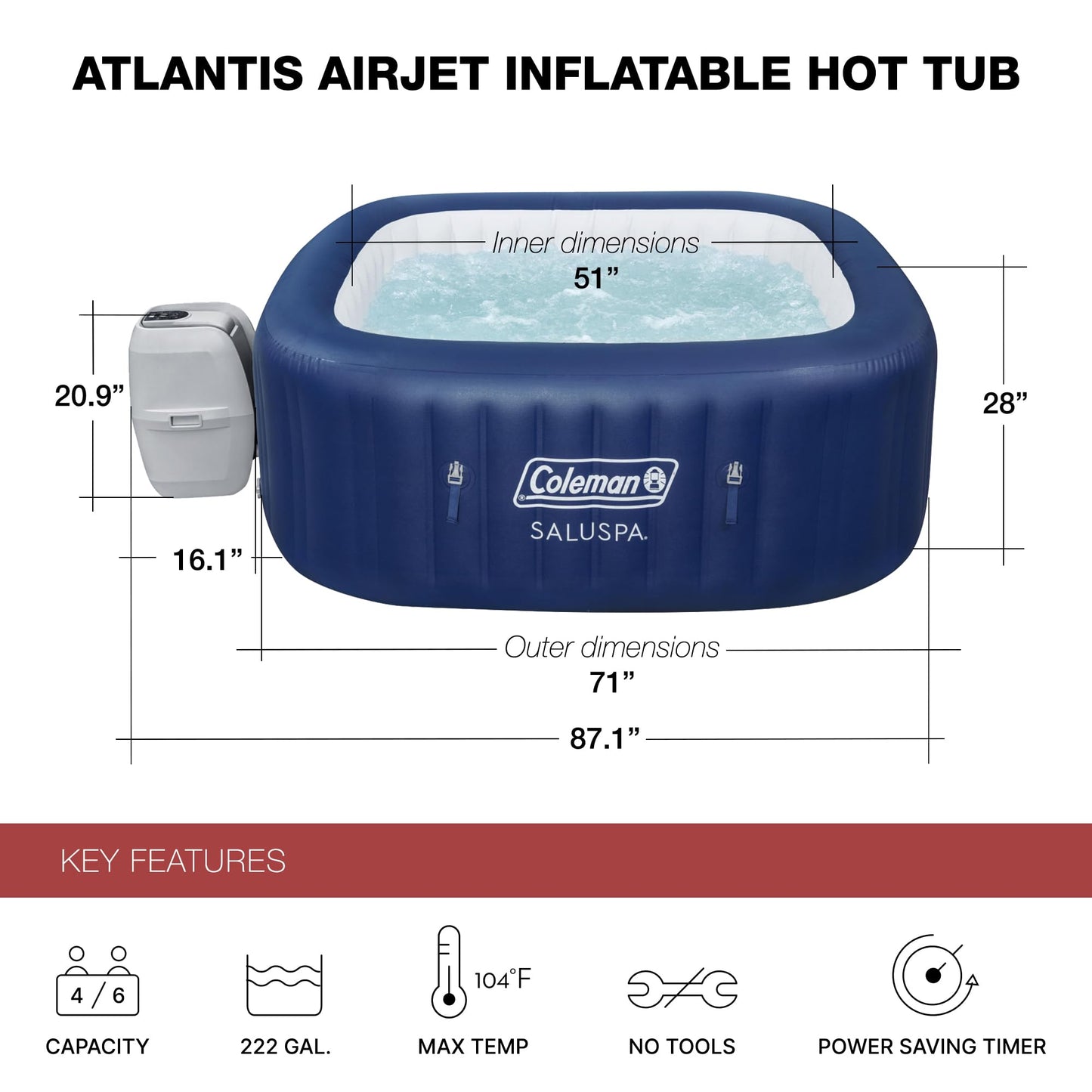 Coleman Hawaii AirJet Large Square 4 to 6 Person Inflatable Hot Tub