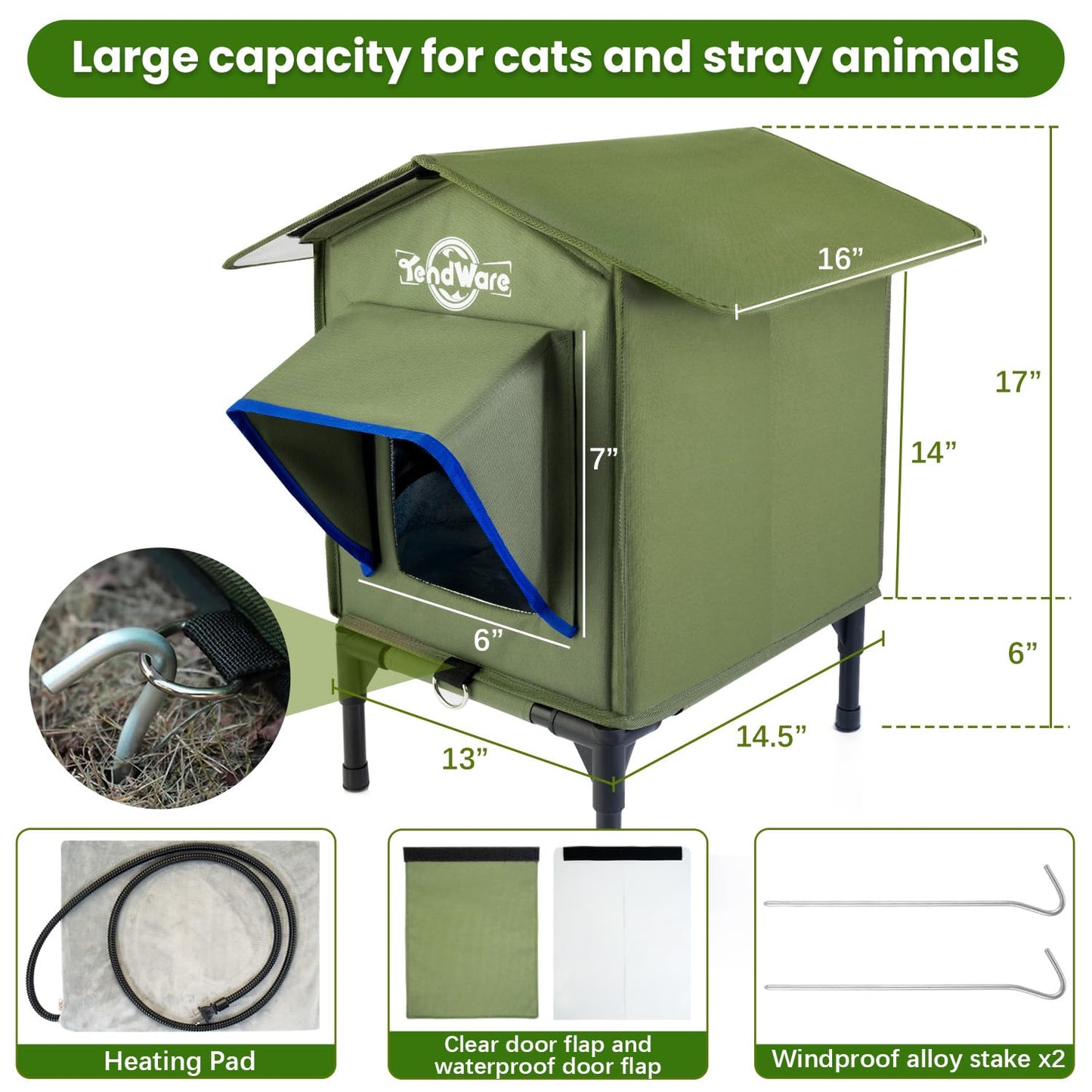 Outdoor Cat House Heated Cat House for Outside with Elevated Base Cat-Attracting Eave Design Feral Stray Shelter Weatherproof in Winter Garage Yard Porch