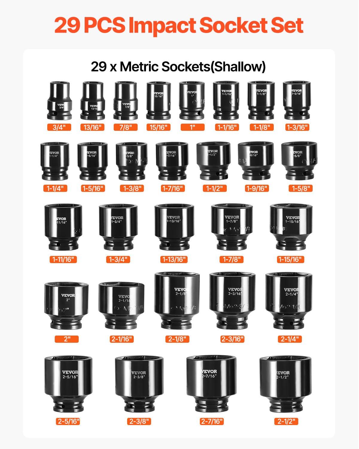 VEVOR 1/2" Drive Impact Socket Set, 65 Piece SAE 3/8" to 1-1/4" and Metric 10-24mm