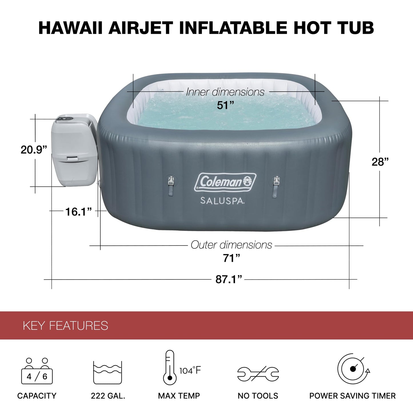 Coleman Hawaii AirJet Large Square 4 to 6 Person Inflatable Hot Tub