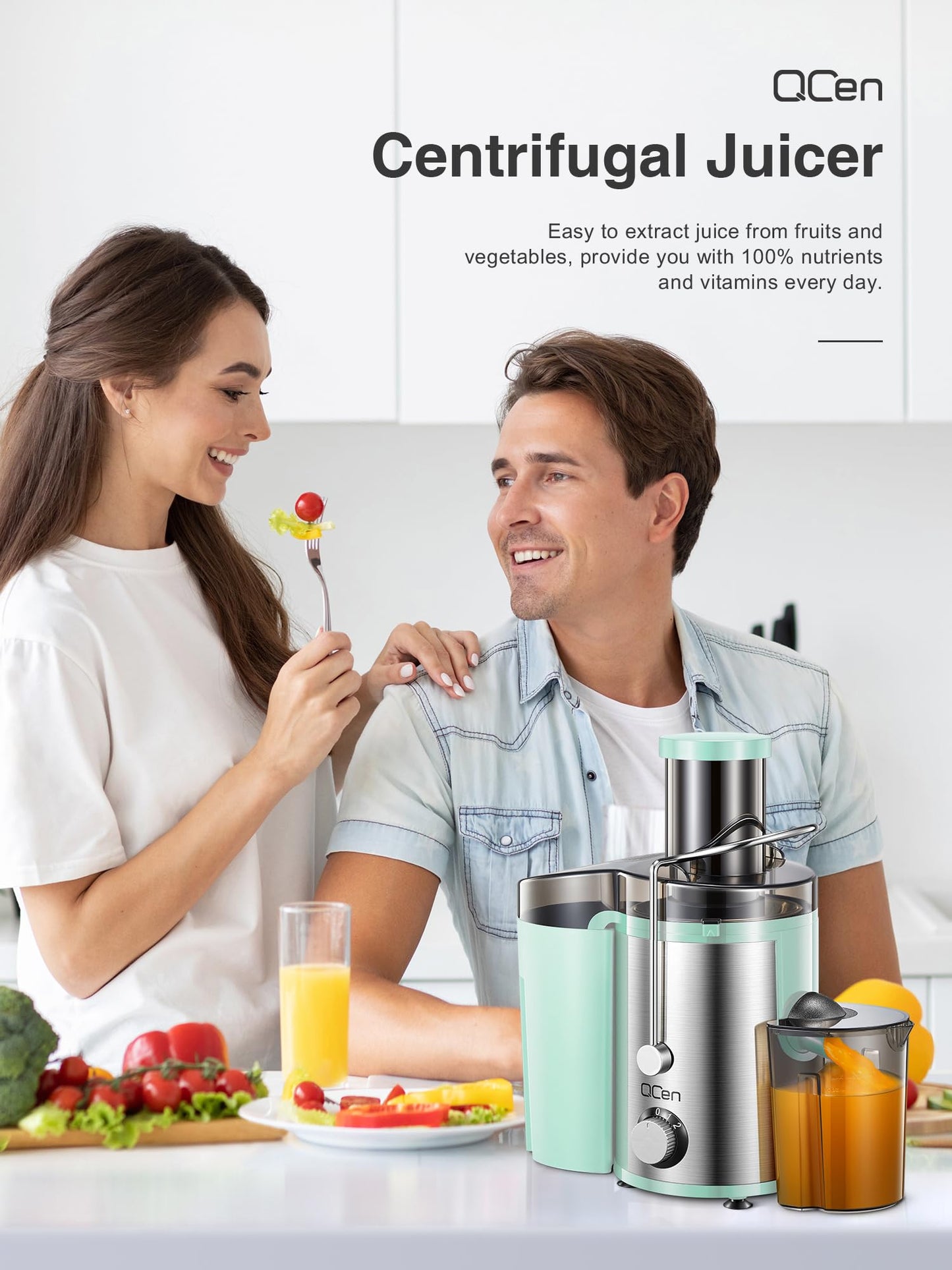 QCen Juicer Machine, 500W Centrifugal Juicer Extractor with Wide Mouth 3” Feed Chute for Fruit Vegetable, Easy to Clean, Stainless Steel, BPA-free (Black)