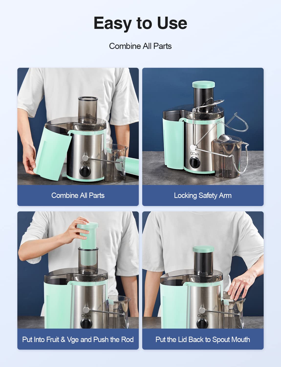 QCen Juicer Machine, 500W Centrifugal Juicer Extractor with Wide Mouth 3” Feed Chute for Fruit Vegetable, Easy to Clean, Stainless Steel, BPA-free (Black)