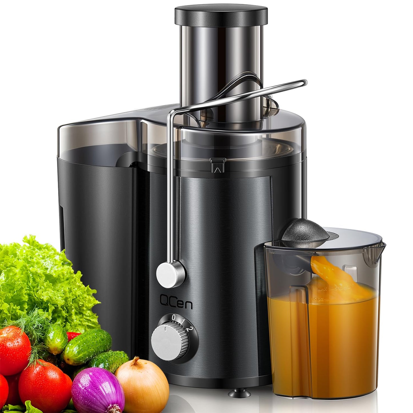 QCen Juicer Machine, 500W Centrifugal Juicer Extractor with Wide Mouth 3” Feed Chute for Fruit Vegetable, Easy to Clean, Stainless Steel, BPA-free (Black)