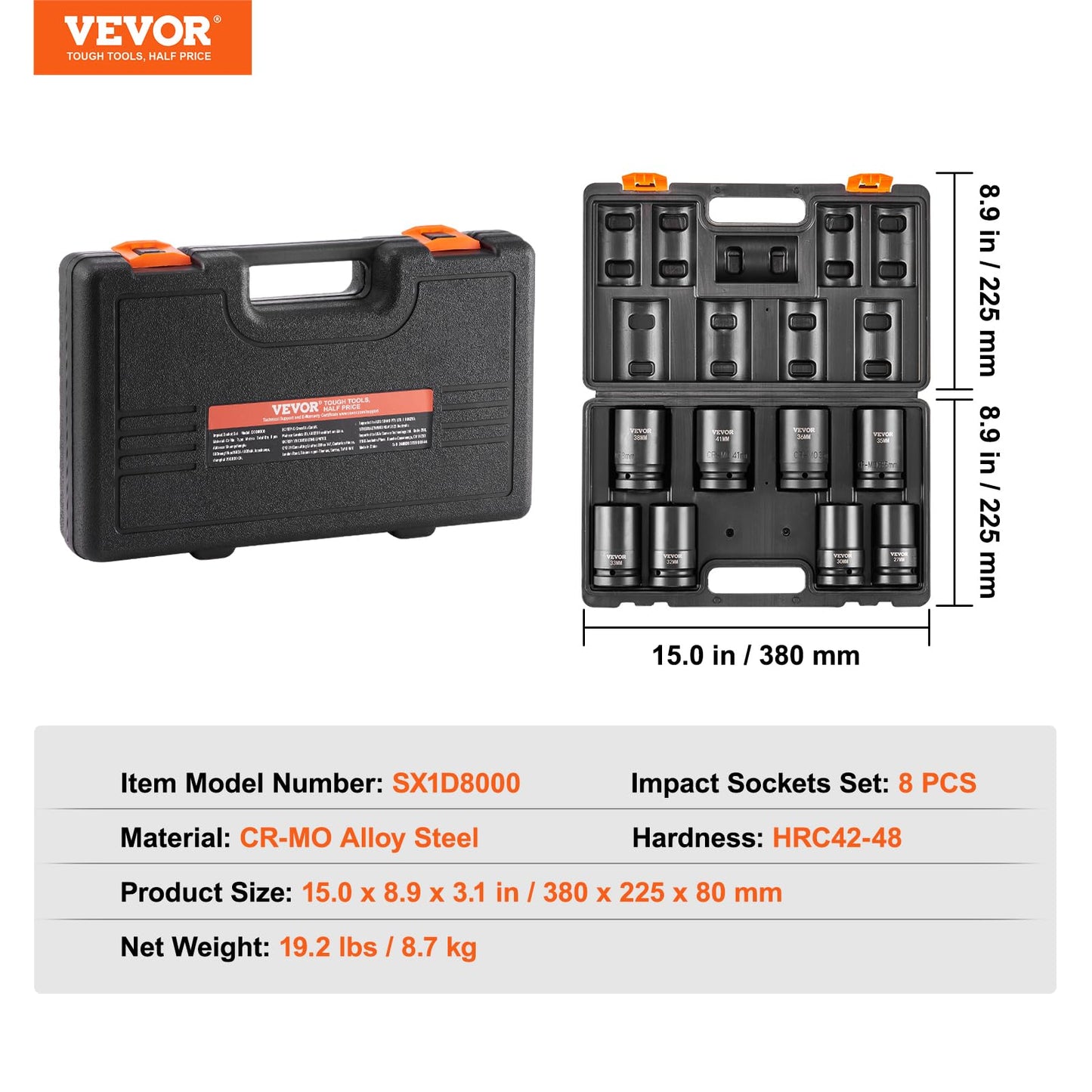 VEVOR 1/2" Drive Impact Socket Set, 65 Piece SAE 3/8" to 1-1/4" and Metric 10-24mm