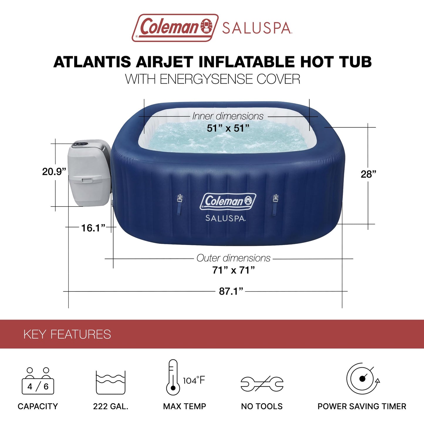 Coleman Hawaii AirJet Large Square 4 to 6 Person Inflatable Hot Tub
