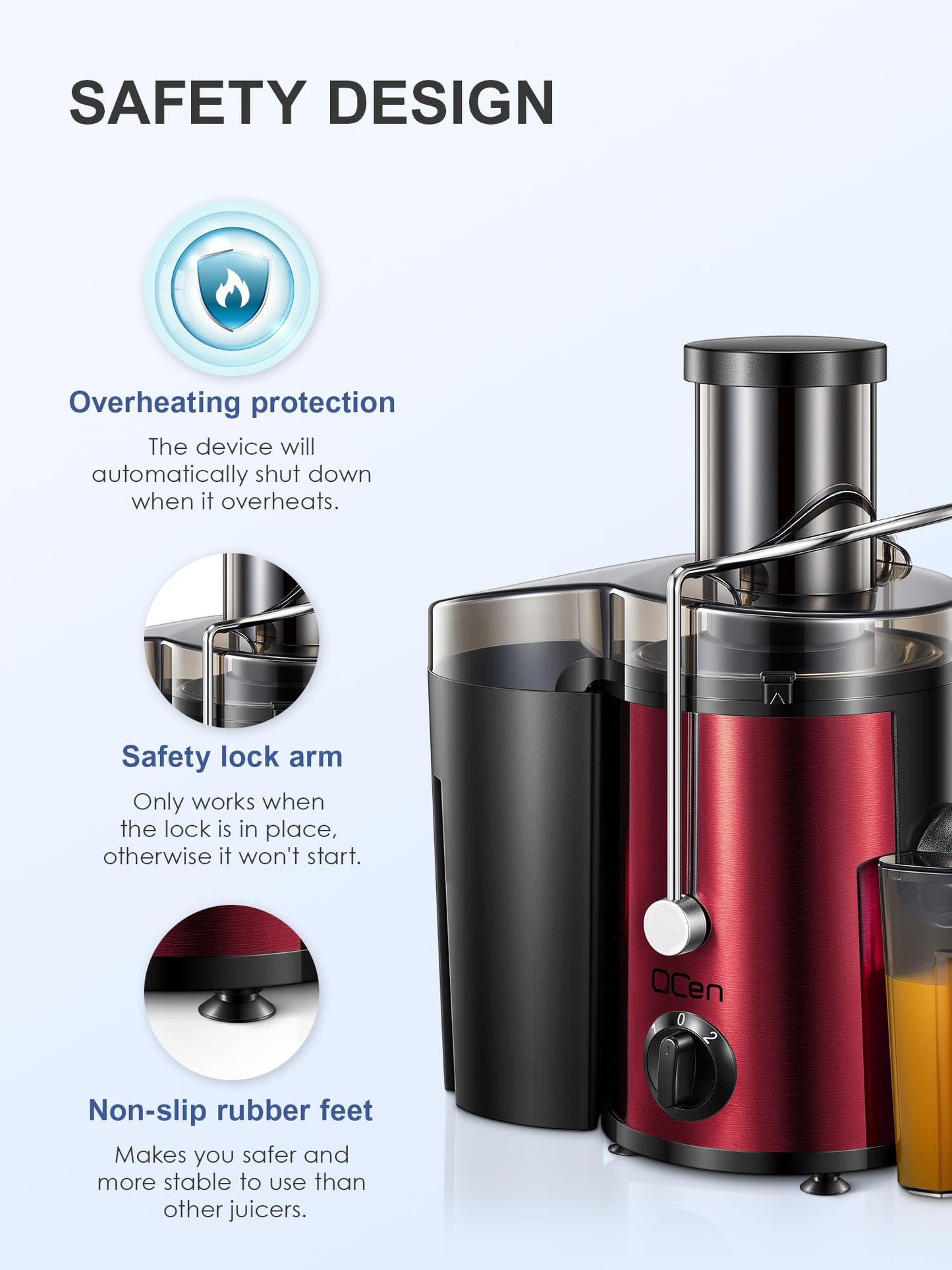 QCen Juicer Machine, 500W Centrifugal Juicer Extractor with Wide Mouth 3” Feed Chute for Fruit Vegetable, Easy to Clean, Stainless Steel, BPA-free (Black)