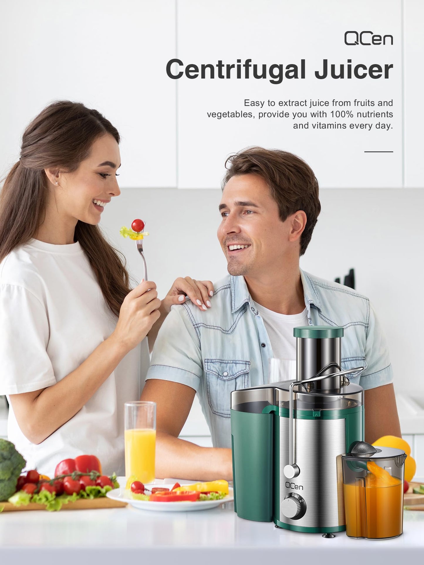 QCen Juicer Machine, 500W Centrifugal Juicer Extractor with Wide Mouth 3” Feed Chute for Fruit Vegetable, Easy to Clean, Stainless Steel, BPA-free (Black)