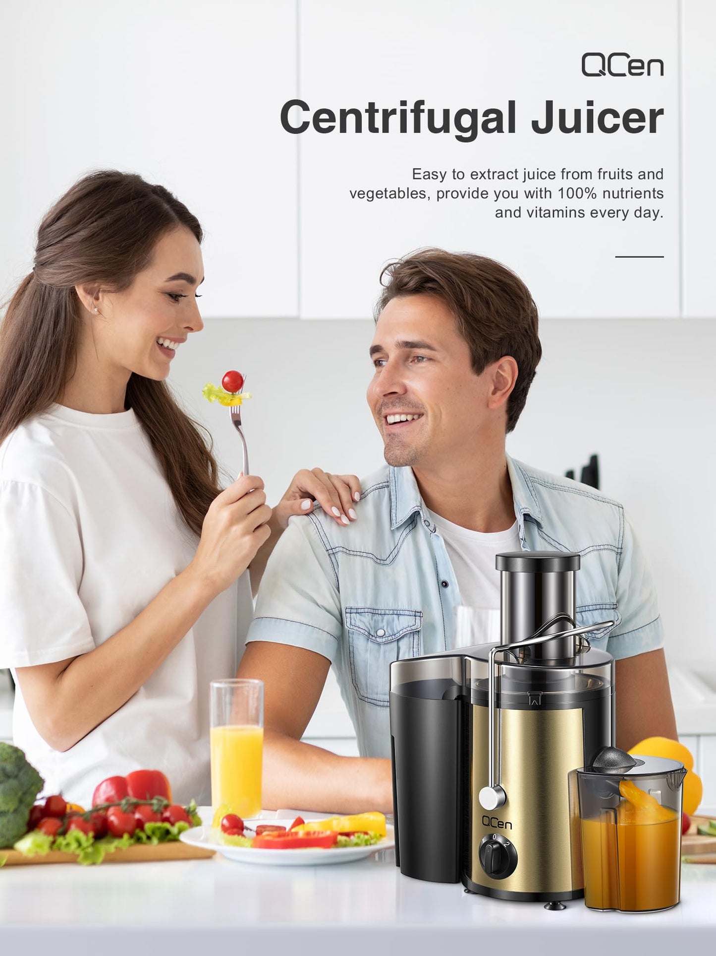 QCen Juicer Machine, 500W Centrifugal Juicer Extractor with Wide Mouth 3” Feed Chute for Fruit Vegetable, Easy to Clean, Stainless Steel, BPA-free (Black)