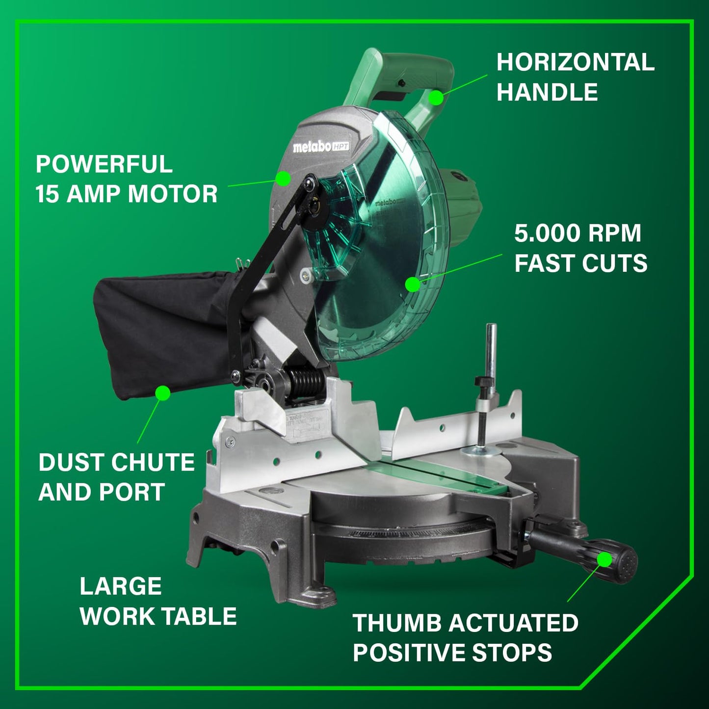 Metabo HPT 10-Inch Single Bevel Compound Miter Saw, 15-Amp Power Saw with Xact Cut Shadow Line, Precision Miter Angles, Single Bevel 0-45°, 40T TCT Miter Saw Blade, Lightweight Design, C10FCG2