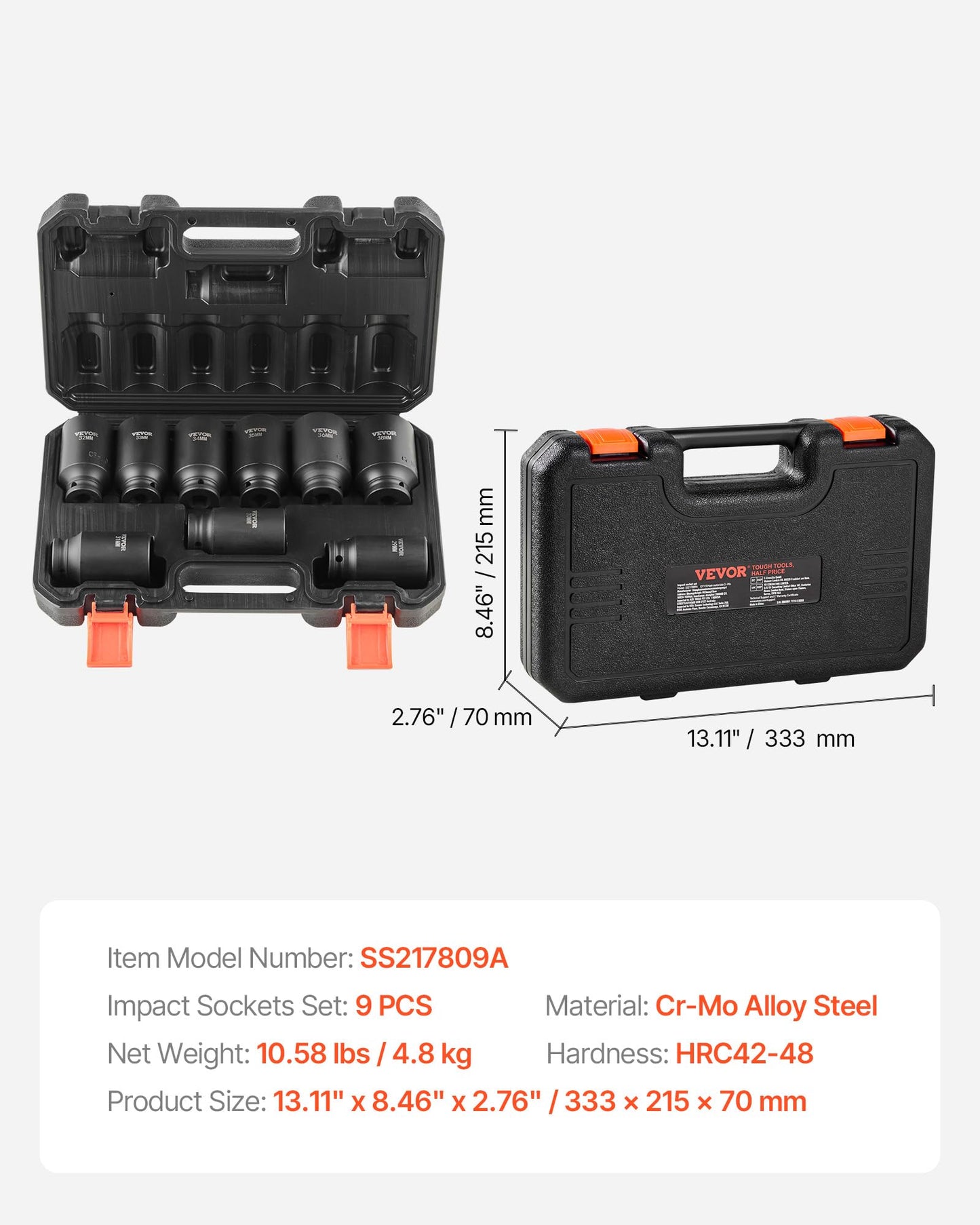 VEVOR 1/2" Drive Impact Socket Set, 65 Piece SAE 3/8" to 1-1/4" and Metric 10-24mm