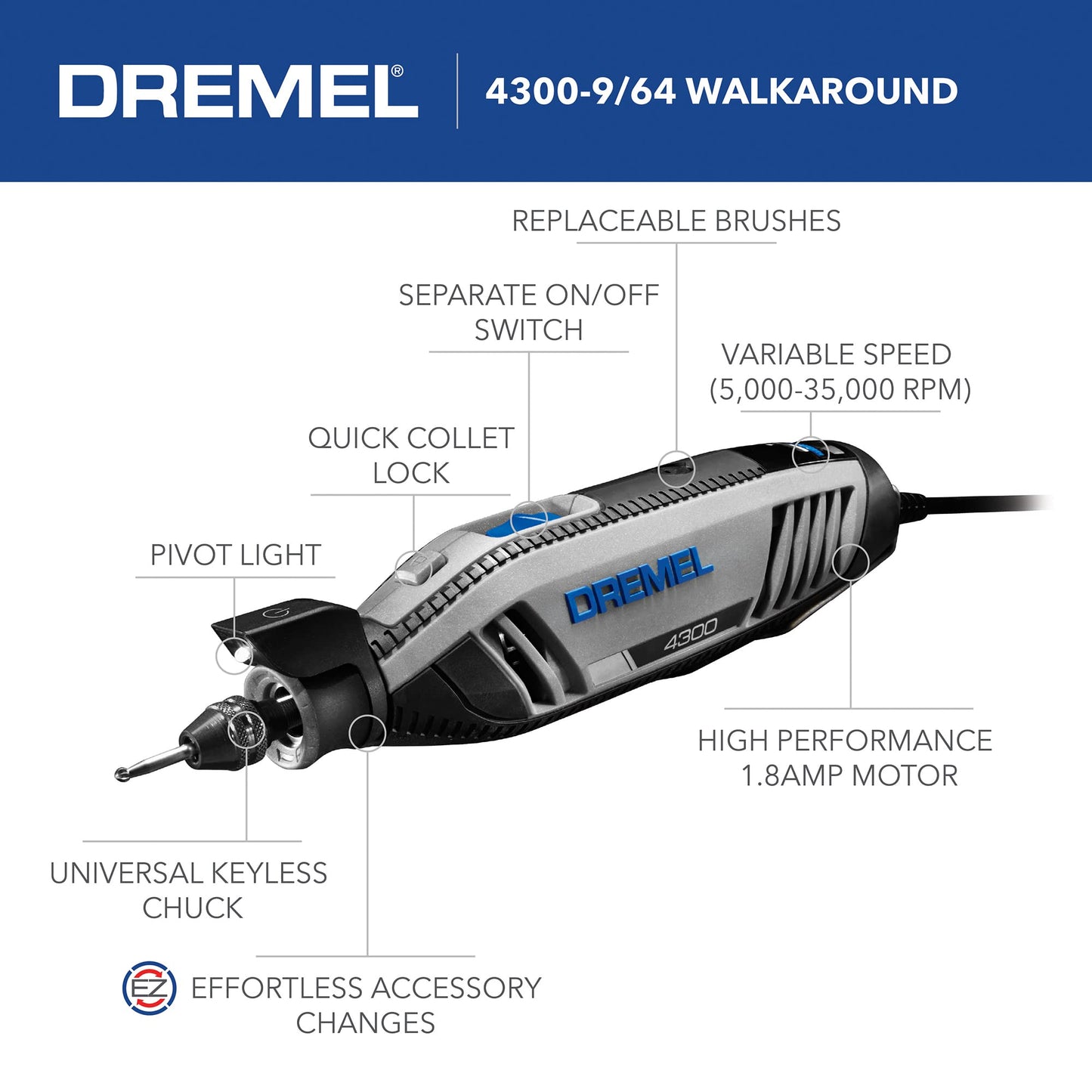 Dremel 4300-5/40 High Performance Rotary Tool Kit with LED Light- 5 Attachments & 40 Accessories - Ideal for Grinding, Cutting, Wood Carving, Sanding, and Engraving