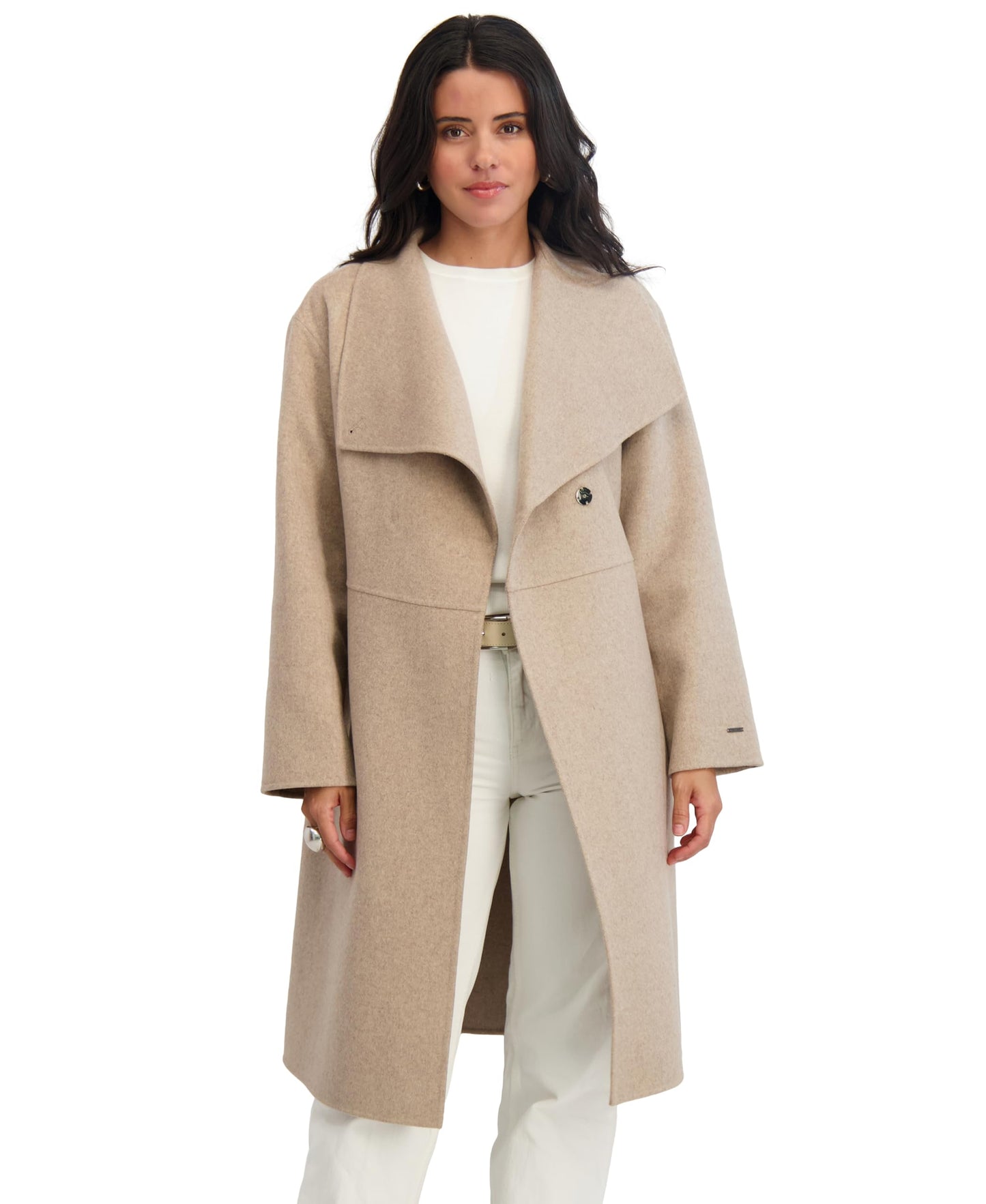 TAHARI womens Double-faced Long Soft Wool Coat With Wing Collar & Hidden Snap Closure, Unlined