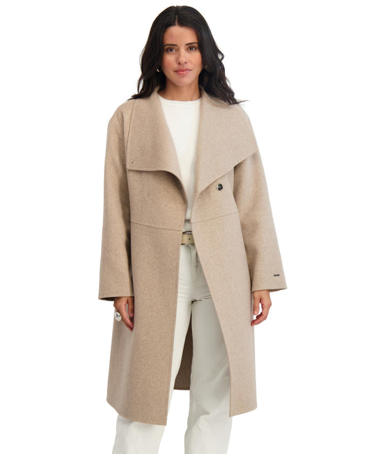 TAHARI womens Double-faced Long Soft Wool Coat With Wing Collar & Hidden Snap Closure, Unlined