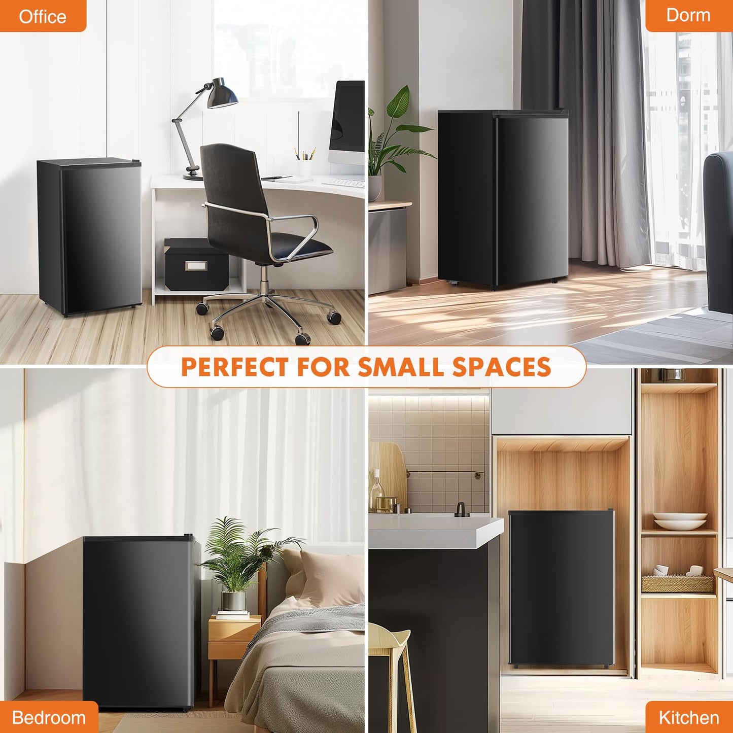 Sweetcrispy 3.2 Cu.Ft Mini Fridge with Freezer Small Refrigerator Single Door Adjustable Thermostat Energy-efficient Low Noise, Compact Fridge for Bedroom, Office, Dorm (Black)