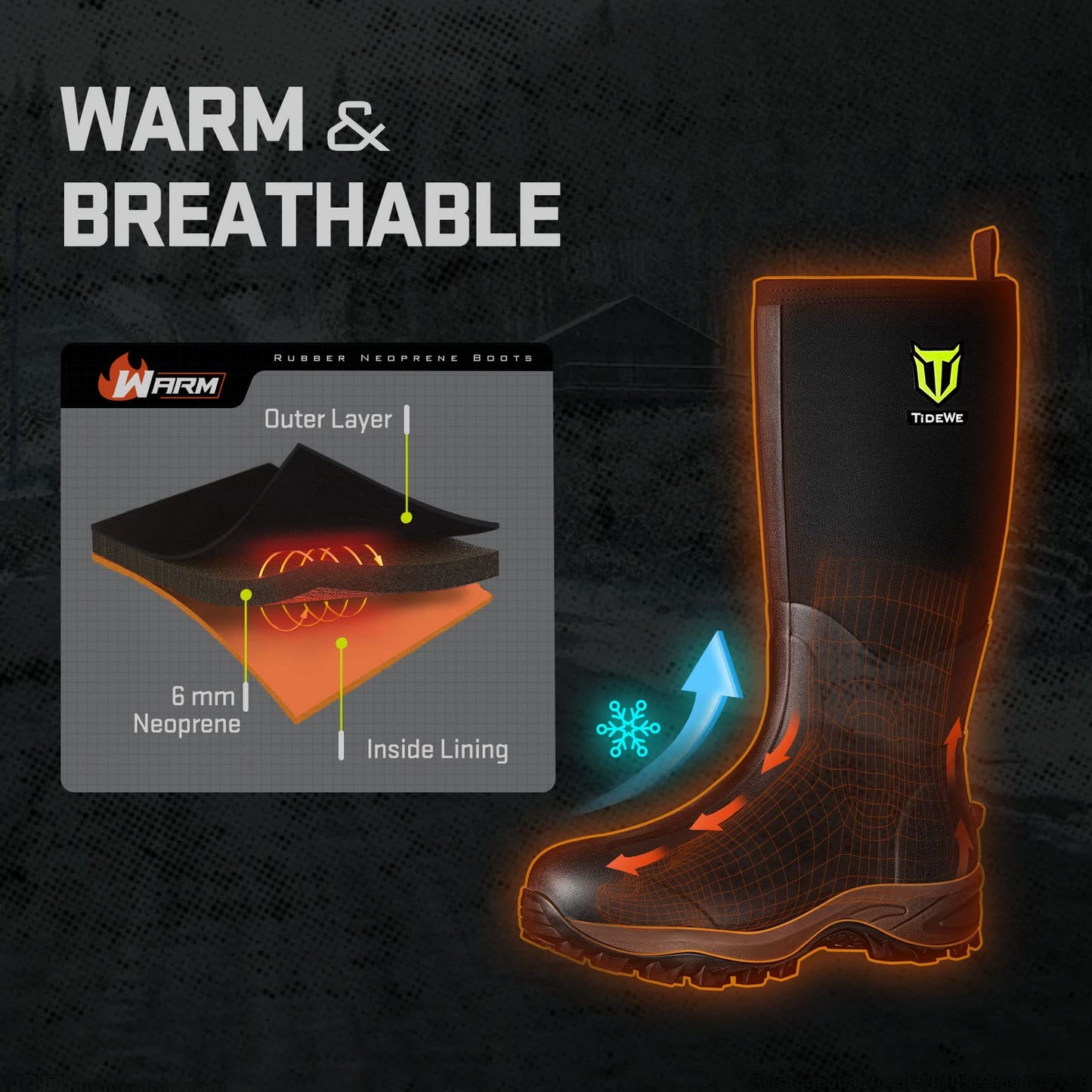 TIDEWE Rubber Neoprene Boots Men And Women, Waterproof Sturdy 6mm Neoprene Boot, Rain Boot Hunting Boot Arctic Outdoor Boot（Black, Brown & Next Camo G2）