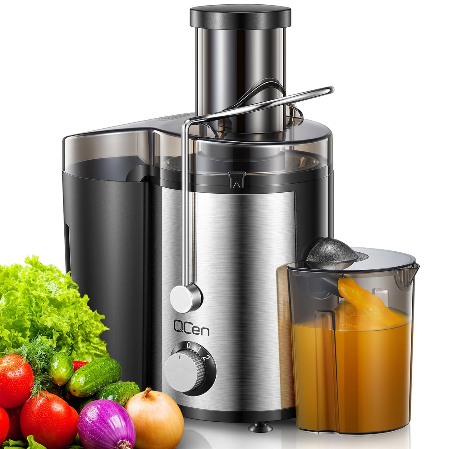 QCen Juicer Machine, 500W Centrifugal Juicer Extractor with Wide Mouth 3” Feed Chute for Fruit Vegetable, Easy to Clean, Stainless Steel, BPA-free (Black)