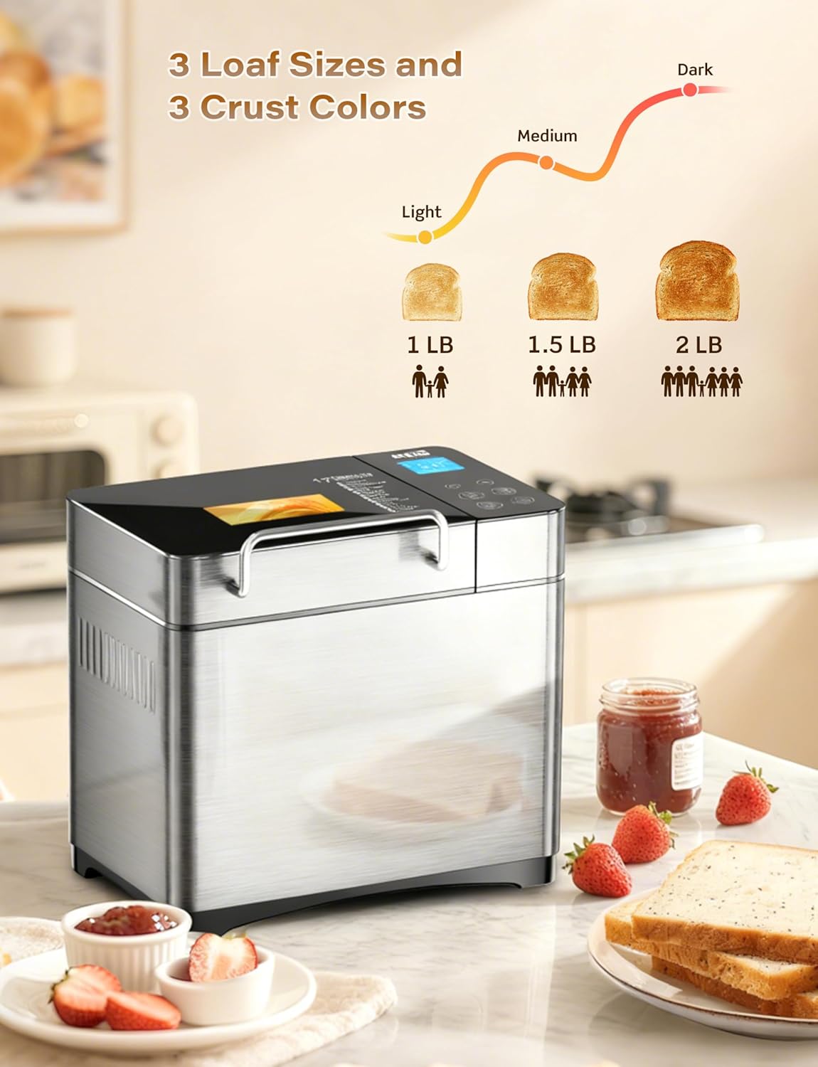 KBS Pro 710W Bread Maker, 2LB 17-in-1 Automatic Bread Machine with Healthy Ceramic Pan, Nut Dispenser, Tempered Glass Touch Panel, Stainless Steel Housing,3 Crust Colors, 15H Timer&Keep-Warm, Recipe