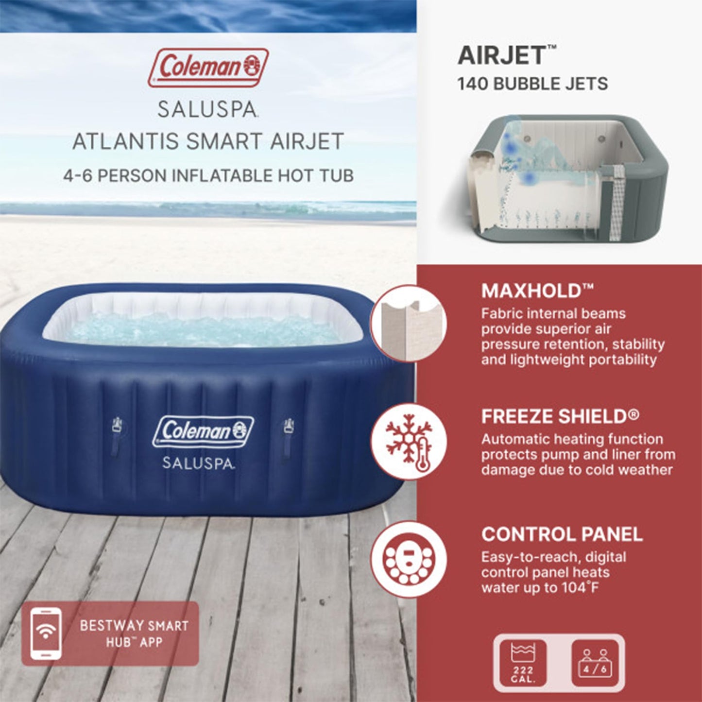Coleman Hawaii AirJet Large Square 4 to 6 Person Inflatable Hot Tub