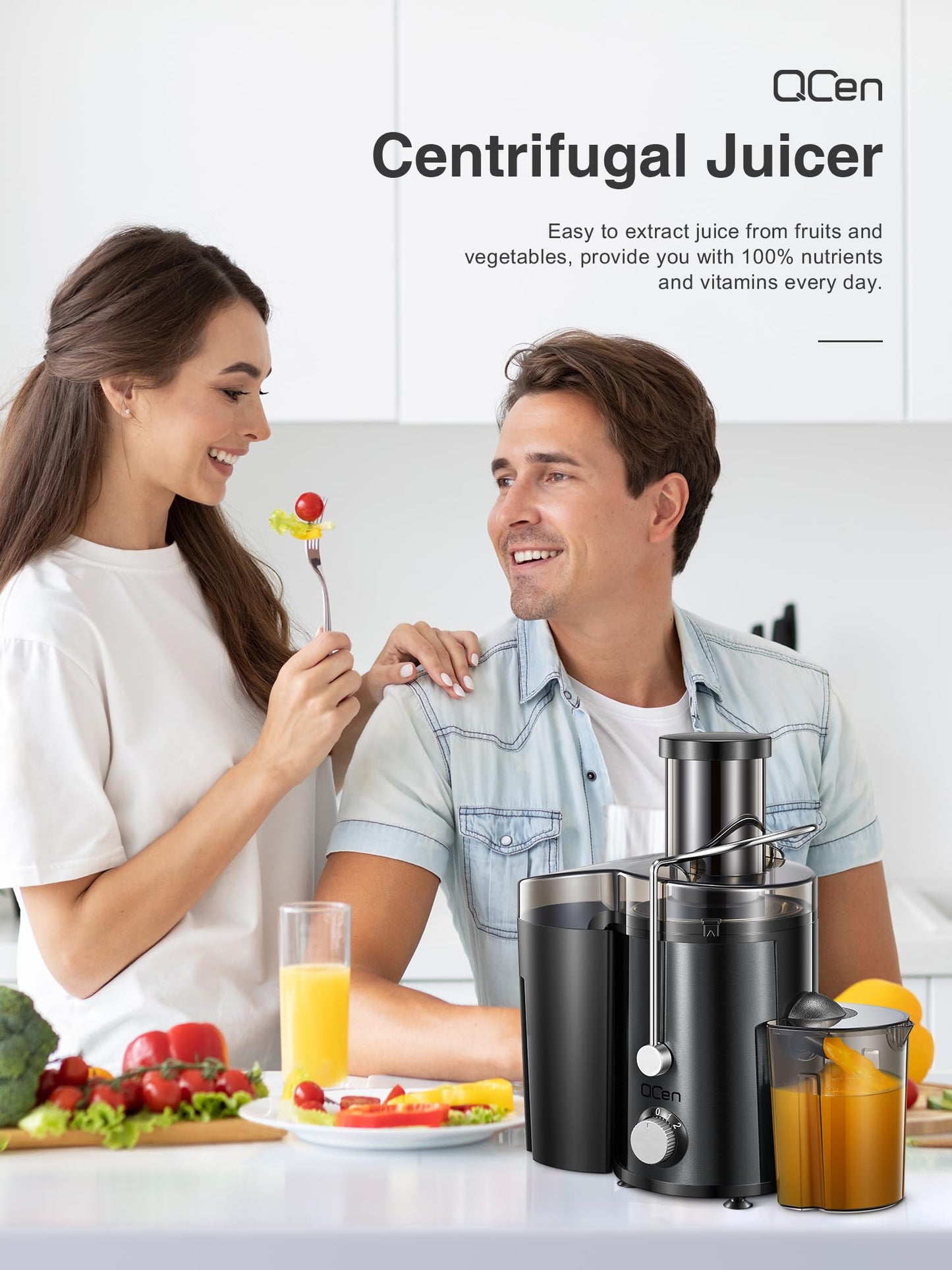 QCen Juicer Machine, 500W Centrifugal Juicer Extractor with Wide Mouth 3” Feed Chute for Fruit Vegetable, Easy to Clean, Stainless Steel, BPA-free (Black)
