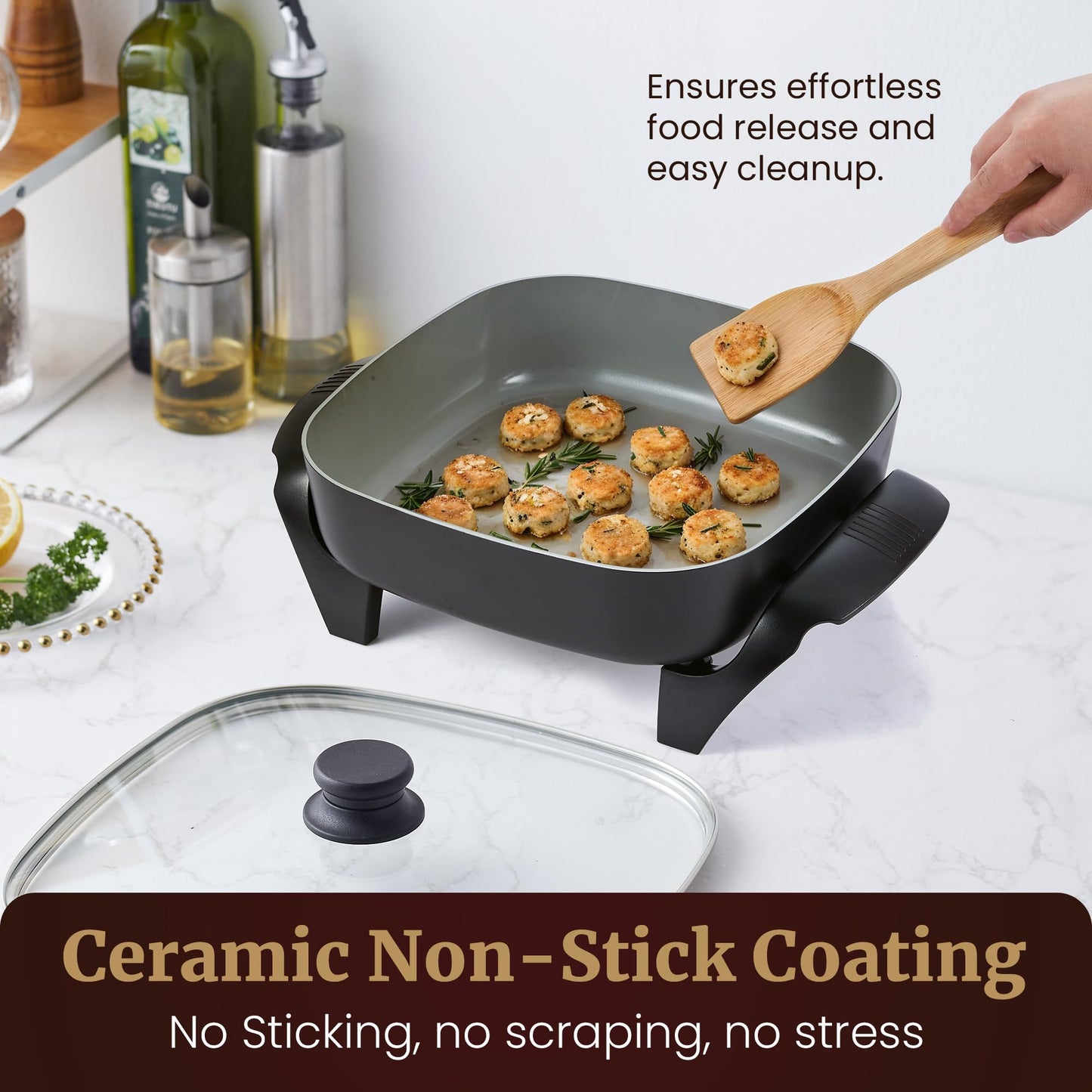 Elite Gourmet EG-6203# Extra Deep 16"x13"x3.2" (10.5Qt.) Scratch Resistant, Easy Pour Spout Dishwasher Safe, Non-stick Electric Skillet with Glass Vented Lid, Adjustable Temperature, Black