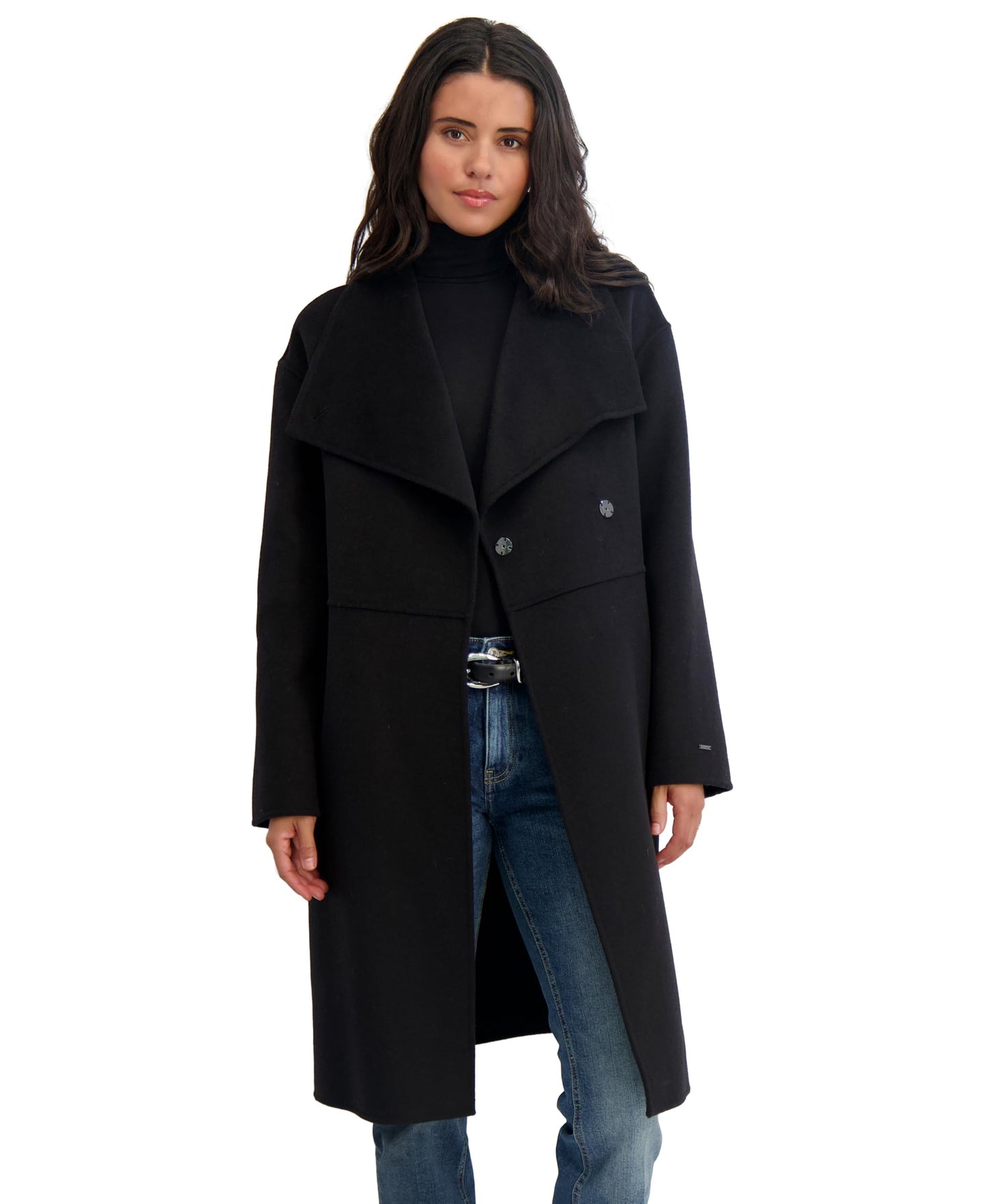 TAHARI womens Double-faced Long Soft Wool Coat With Wing Collar & Hidden Snap Closure, Unlined
