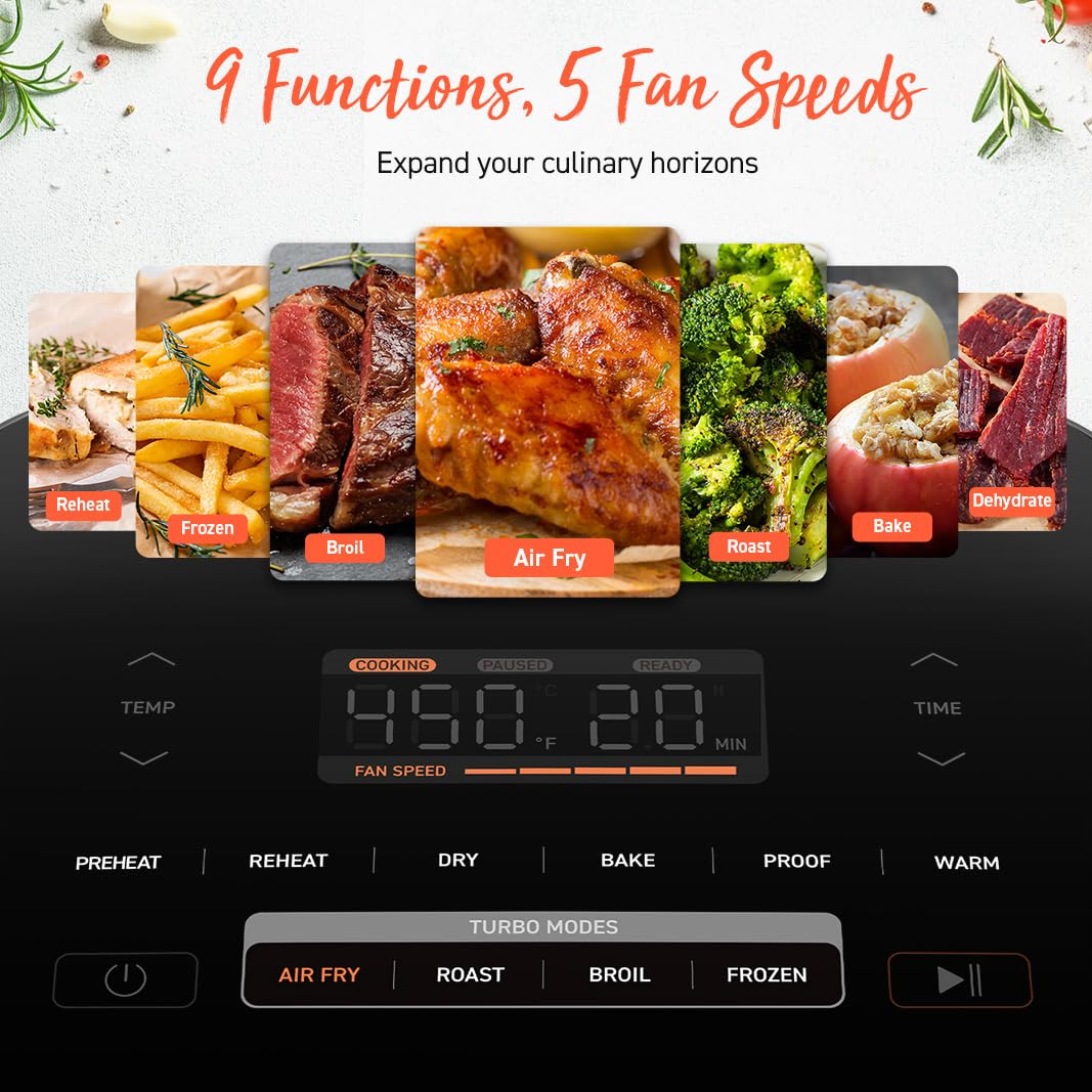 Cosori 9-in-1 TurboBlaze Air Fryer 6 Qt, Premium Ceramic Coating, 90°–450°F, Precise Heating for Even Results, Air Fry, Roast, Bake, Broil, Dry, Frozen, Proof, Reheat, Keep Warm, 120V, Dark Gray