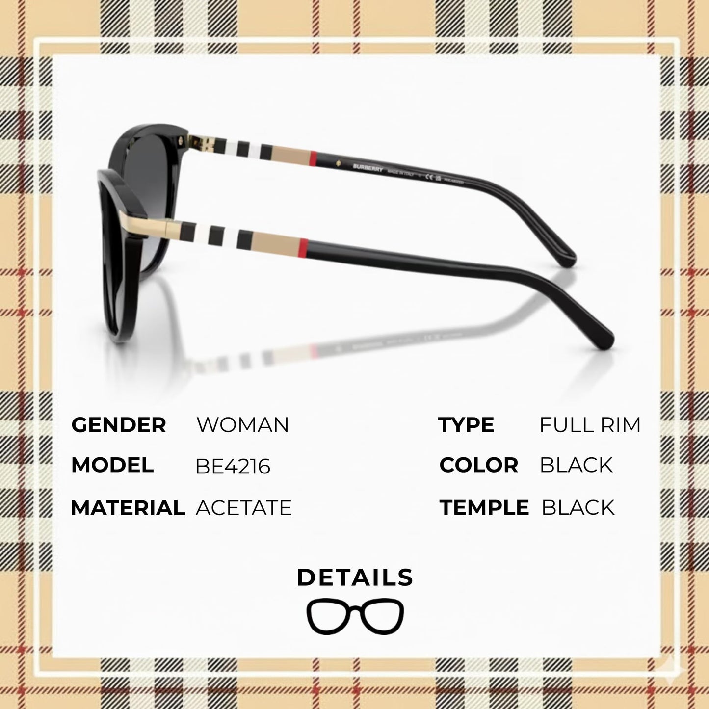 BURBERRY BE4216 Cat eye Shape Acetate Sunglasses with Luxury Eyewear Kit