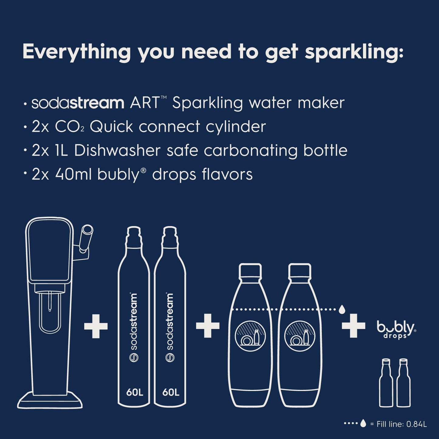 SodaStream - ART Sparkling Water Maker | VALUE BUNDLE | CQC CO2 system | Includes 2x CO2 Cylinders, 2x 32 Fl Oz Dishwasher Safe Bottles, 2x Bubly Flavor Drops | Combine with Pepsi Flavors | Black