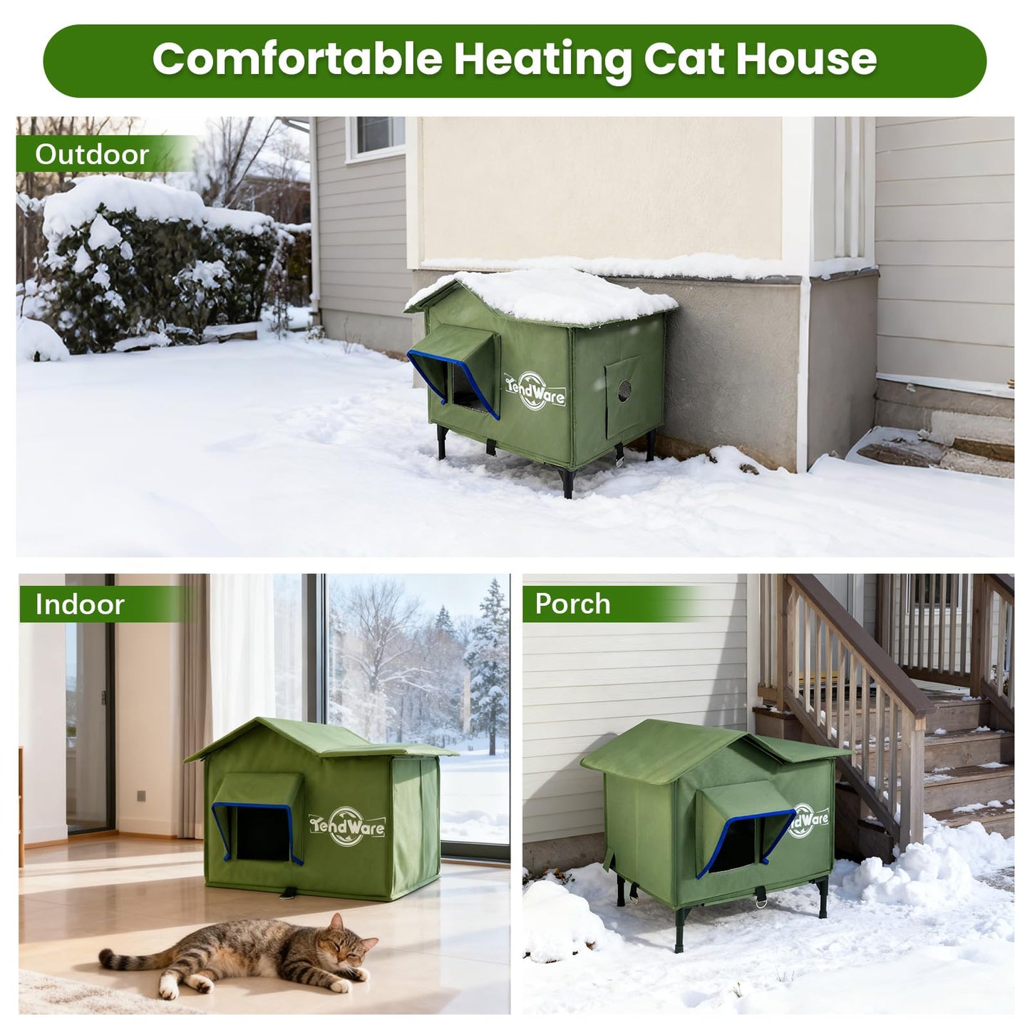 Outdoor Cat House Heated Cat House for Outside with Elevated Base Cat-Attracting Eave Design Feral Stray Shelter Weatherproof in Winter Garage Yard Porch
